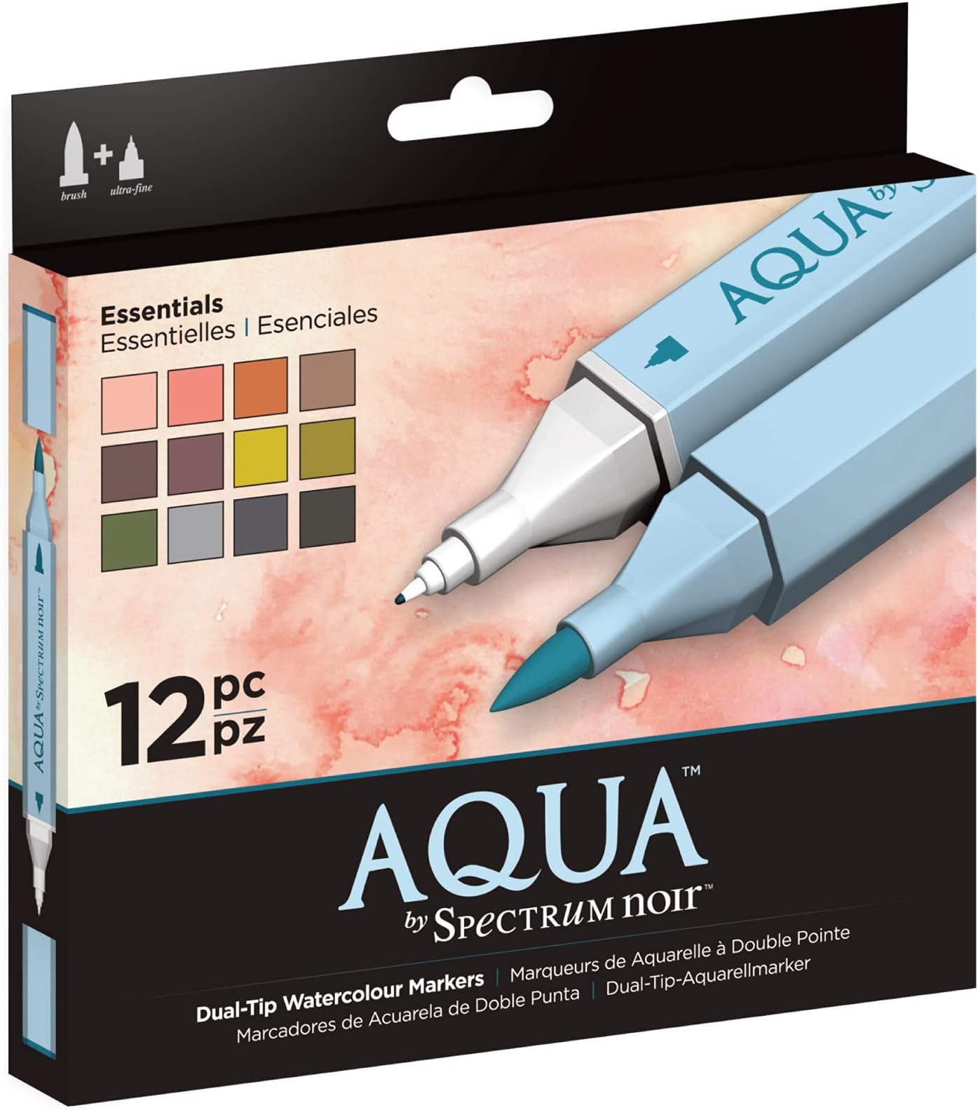 Spectrum NoirAqua Artist's Water Based Dual Nib Marker Colouring Pens, Essentials, Pack of 12, 19 x 18.4 x 2.1 cm