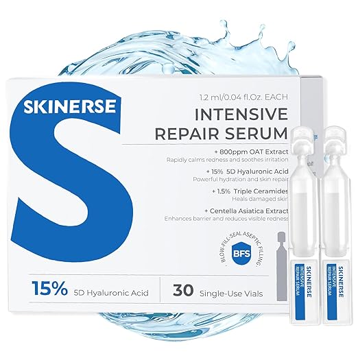 Intensive Repair Serum, 15%Hyaluronic Acid for Sensitive Skin Anti Aging Ultra Hydrating Serum for Face Calming Barrier Repair Redness Relief with Ceramides Centella 30Vials Daily Travel Care