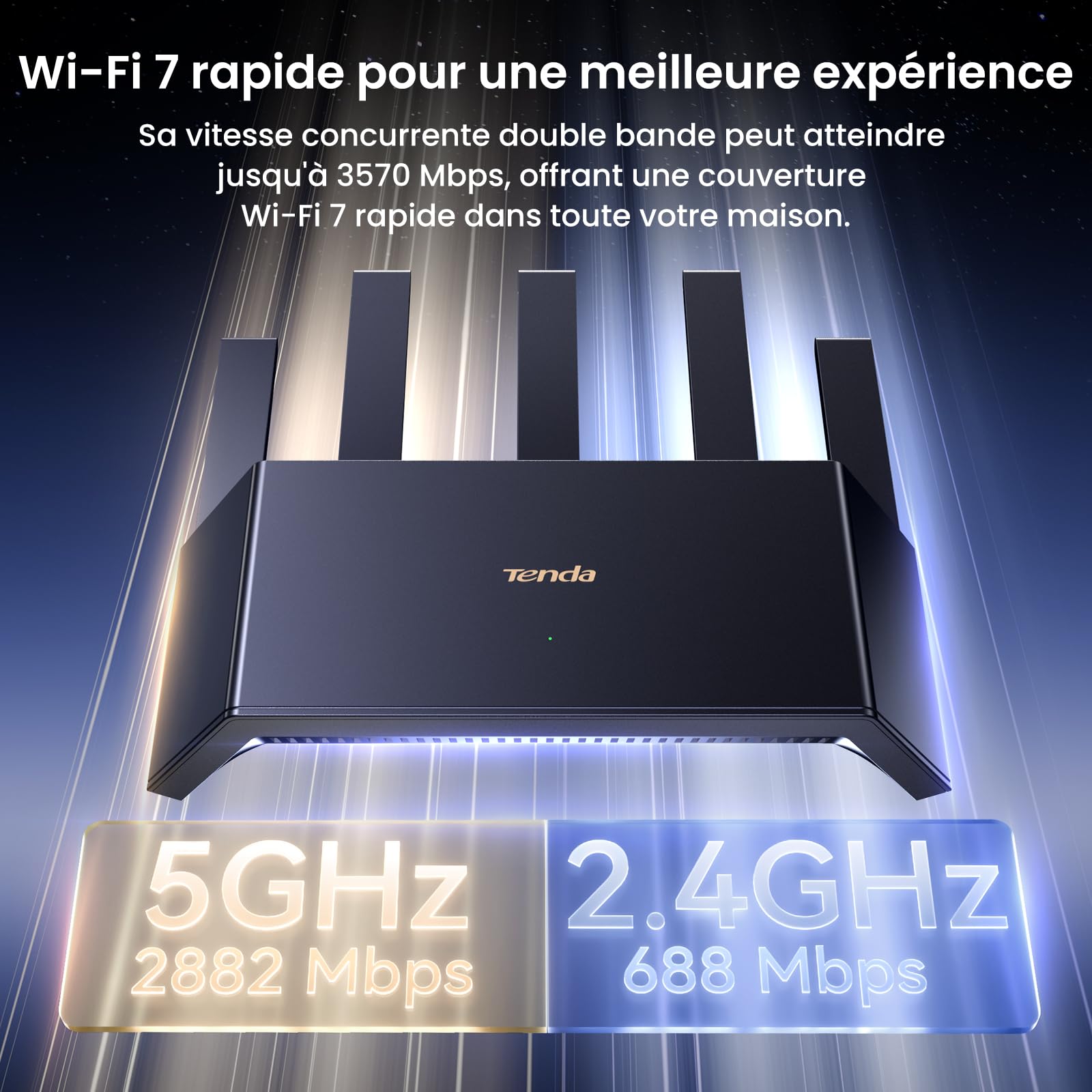 Tenda RE3L Routeur Wi-FI 7 BE3600 Double Bande, Wi-FI Maillé, Ports Gigabit WAN/LAN, 5 Antennes Verticales, 4K-QAM, MLO, NFC, VPN, WPA3, Contrôle par Application