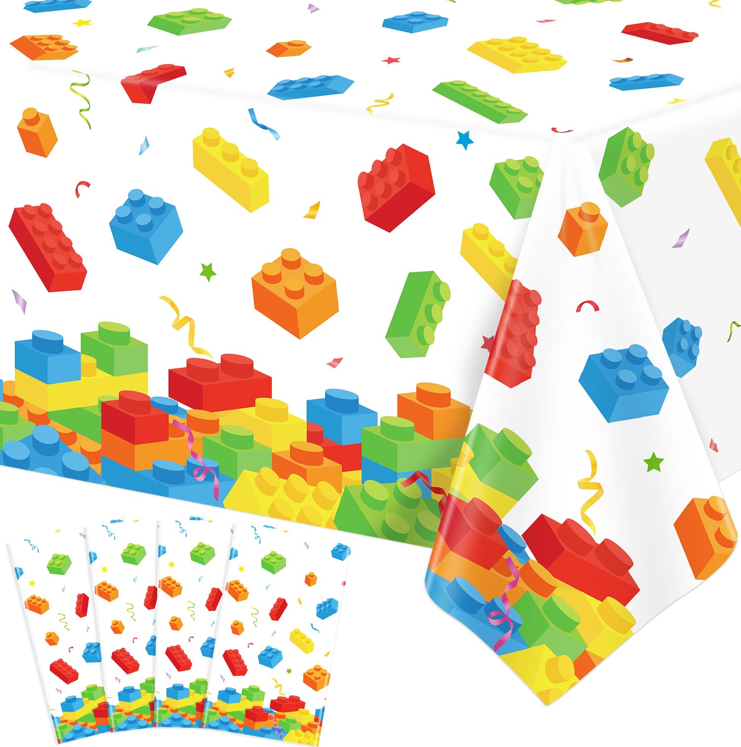 4 Pack Building Block Tablecloths Colorful Blocks Bricks Table Cover Plastic Brick Table Cover for Kids Birthday Decor Building Block Party Decoration Blocks Themed Birthday Party Supplies 51 x 86 IN