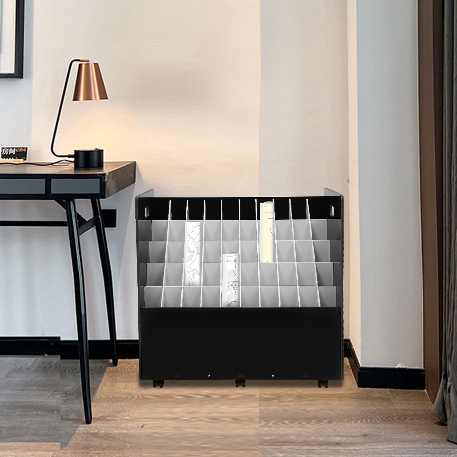 Organizador de Literatura, Organizador de Planos, Carrito de Archivos móvil, Soporte para Documentos con Ruedas (Negro, 50 Ranuras)