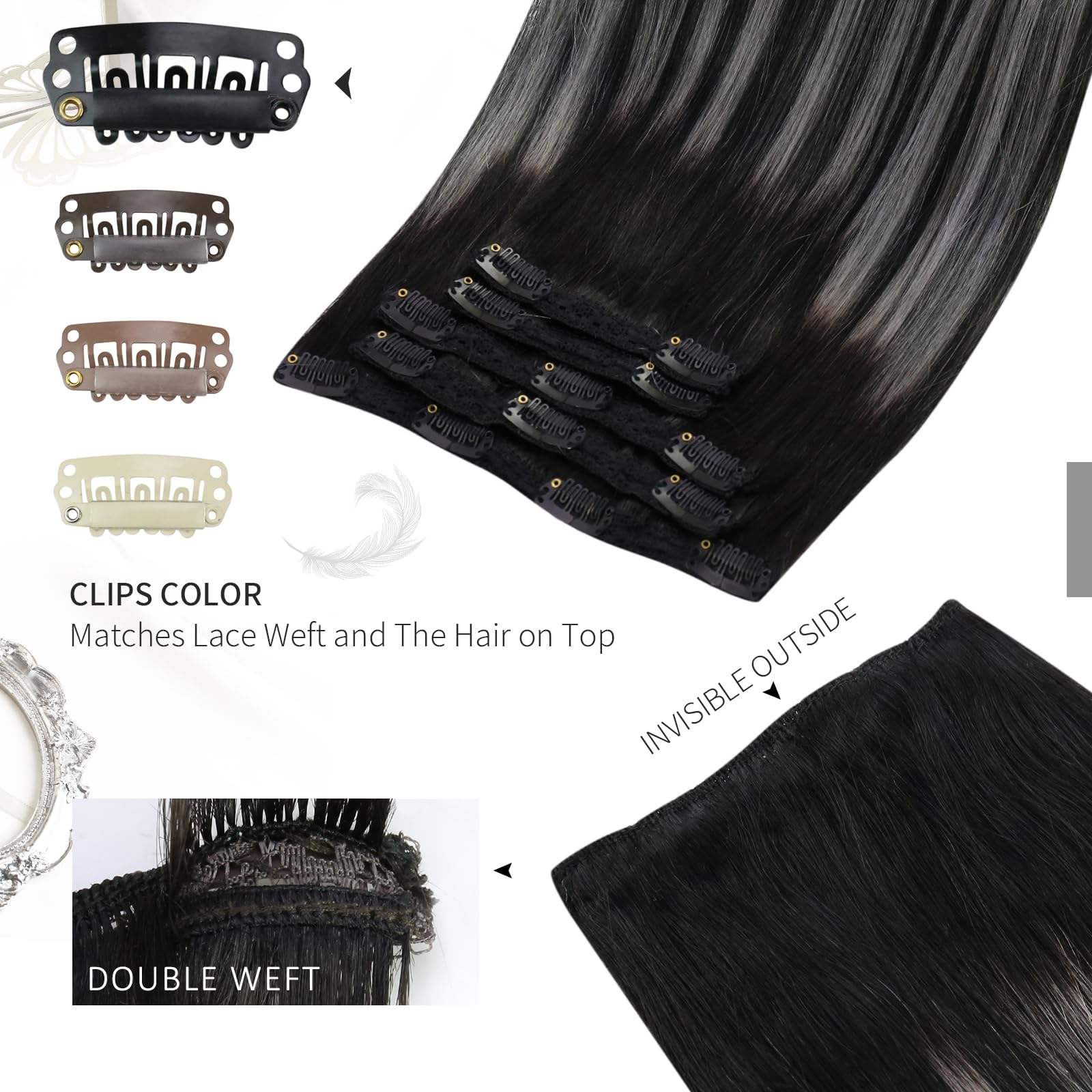 Moresoo Clip in Hair Extensions Real Human Hair Black Ombre to Silver Clip in Human Hair Extensions 24 Inch Remy Straight Hair 7 Pieces/120g #1B/S/1B - Image 4