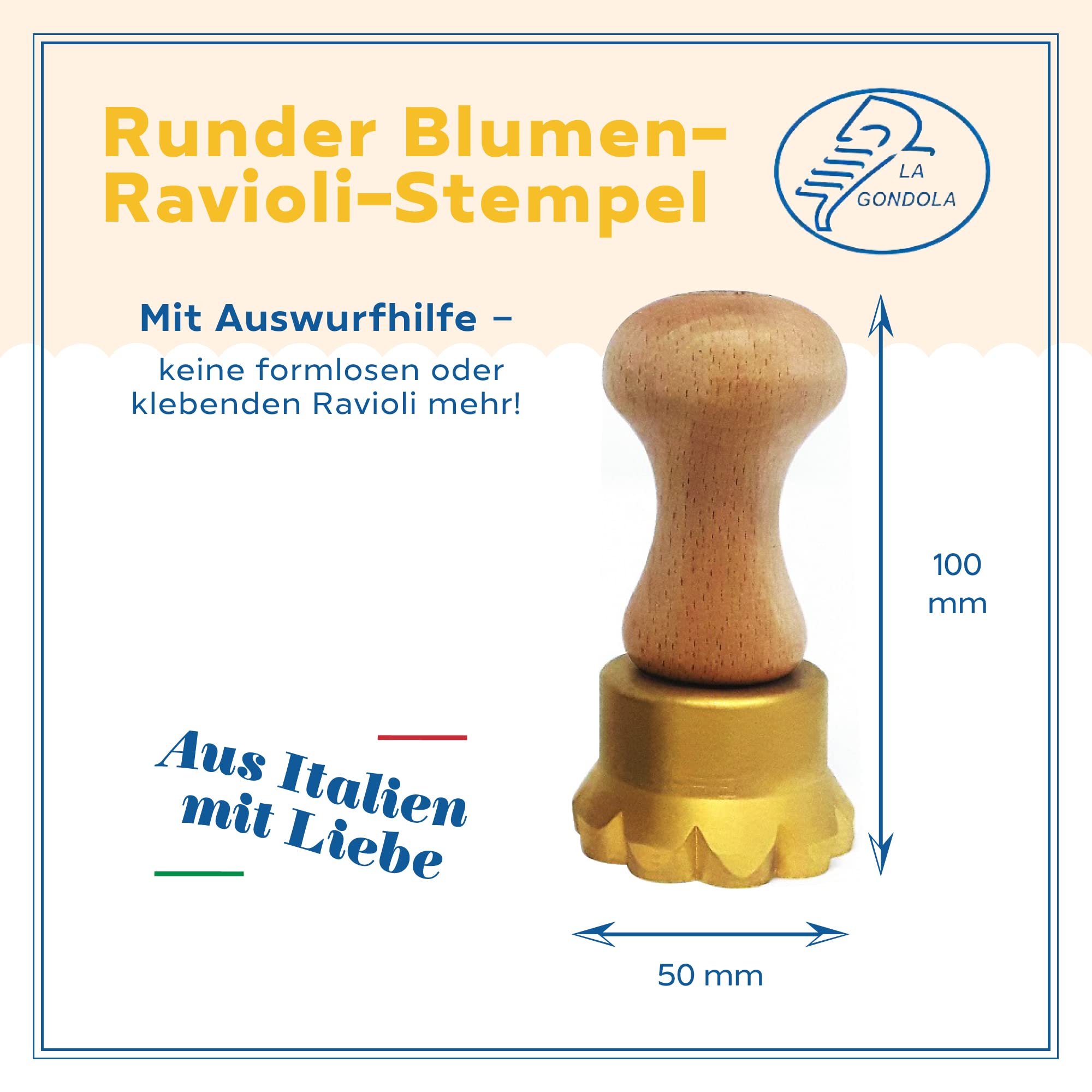 La Gondola Ravioli-Stempel - Rund Blume 50mm | Italienisches Pasta-Werkzeug für Zuhause und gewerbliche Küche | Messing & Naturholz Einfach zu verwenden | Tortellini Ravioli Ausstecher Made in Italy