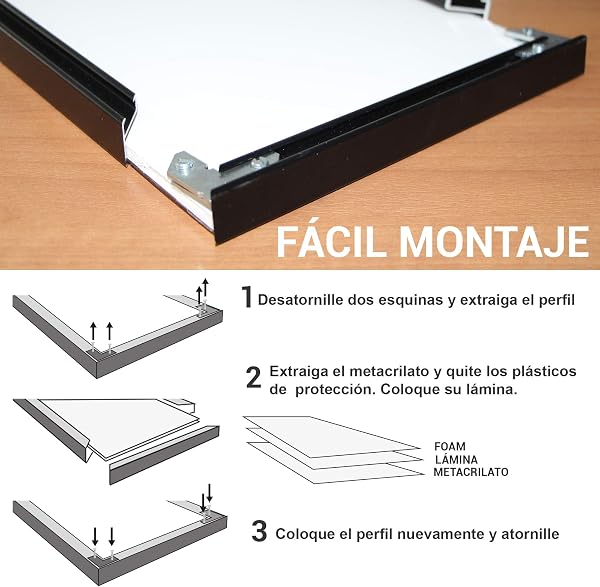 Marco a Medida para Fotos, póster, Puzzles, láminas, Diplomas y orlas. Cuadro Modelo 412-4 en Aluminio Negro Mate, con Cristal metacrilato 1.5 mm y Trasera Antihumedad 70x100 cm - 3