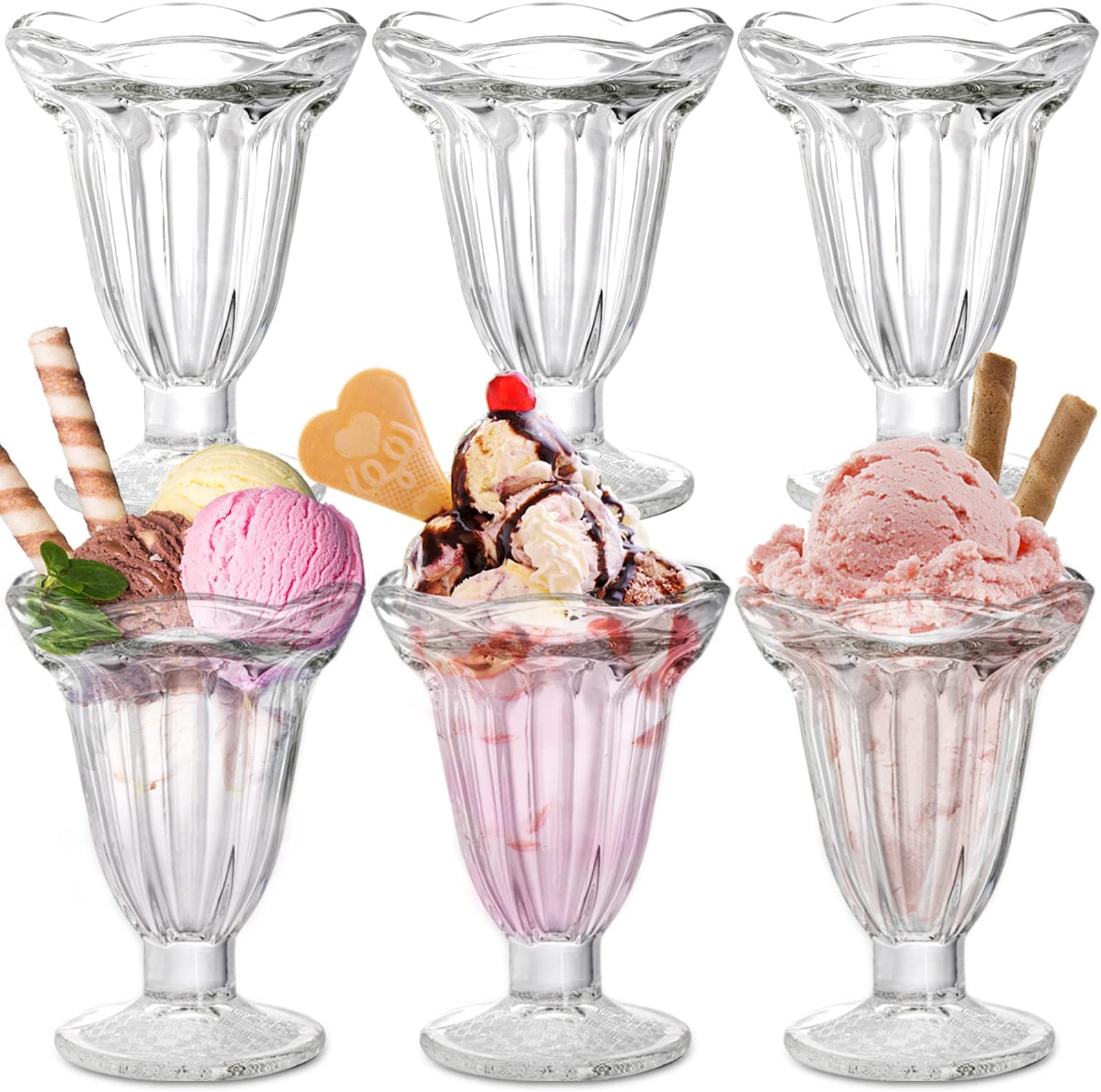 6 Pack Glass Tulip Sundae Cups, 7 Fl Oz Clear Milkshakes Footed Ice Cream Cups Dessert Bowls Set for Sherbet Trifle, Fruit, Salad, Snack, Cocktail
