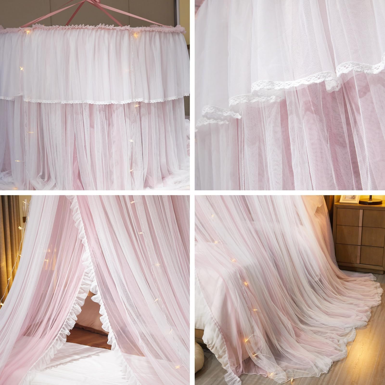 Prinzessinnen Bettvorhang für Zimmerdekoration von Mädchen oder Themenpartys, Eleganter Doppellagiger Betthimmel Moskitonetz Bett für Betten von Twin- bis King-Size, Pink