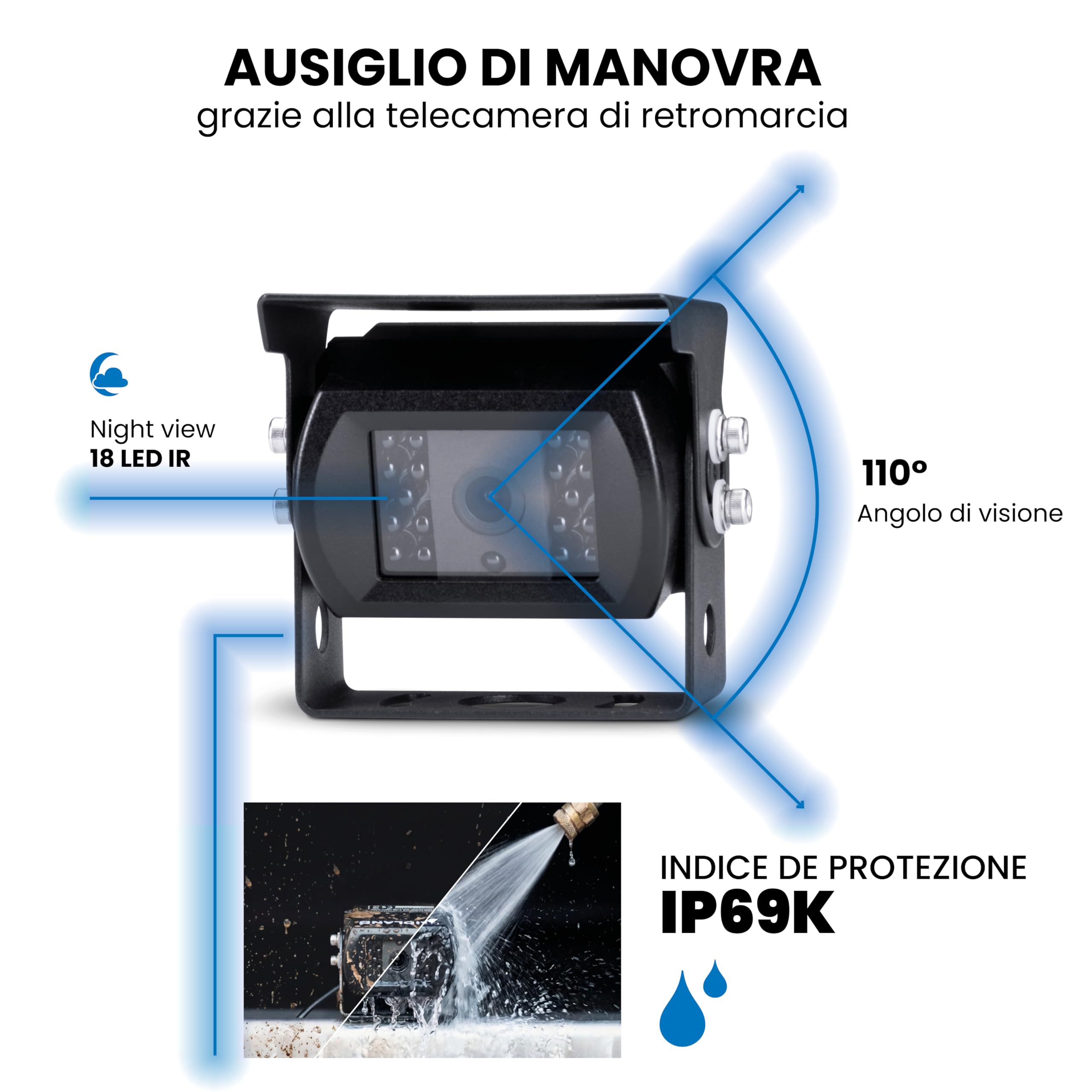 Midland - Retrocamera Camper e Camion Truck Guardian Wired, Telecamera Retromarcia a Filo per Manovra e Sorveglianza - Full HD, Visione Notturna, 3 Telecamere, Telecomando, Angolo 110°, Cablaggio 20m