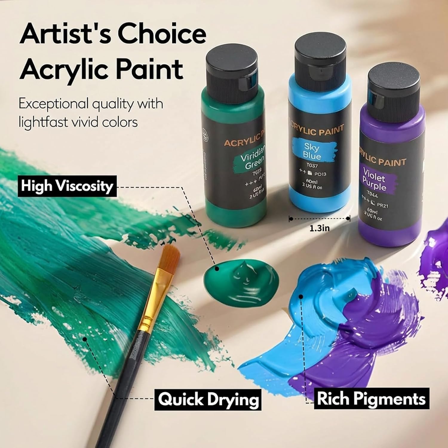 Set di colori acrilici con 12 pennelli artistici, 36 colori (56,7 g/bottiglia), per pittura su tela, legno, ceramica e tessuto, set di pittura per principianti, studenti e artisti professionisti,