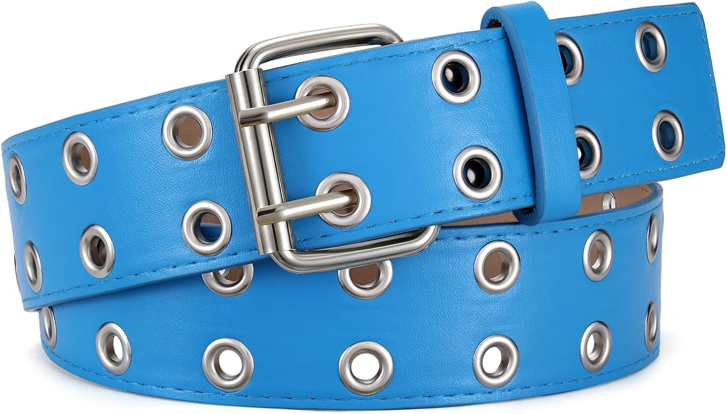 WERFORU Double Grommet Belt PU Leather Punk Belt for Women Men Jeans 2 Hole Belts 1.5 Wide