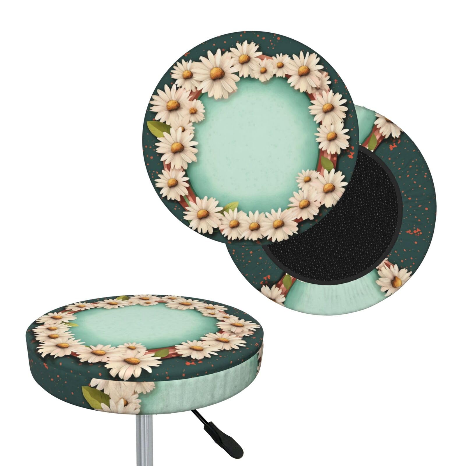 NONHAI with Daisies and Frame Bar Stool Cover Round Elastic Stool Cushion Covers Dustproof Bar Chair Cover Washable Stool Cushion Slipcover Stretch Stool Seat Covers for 12-14 Inch Chair