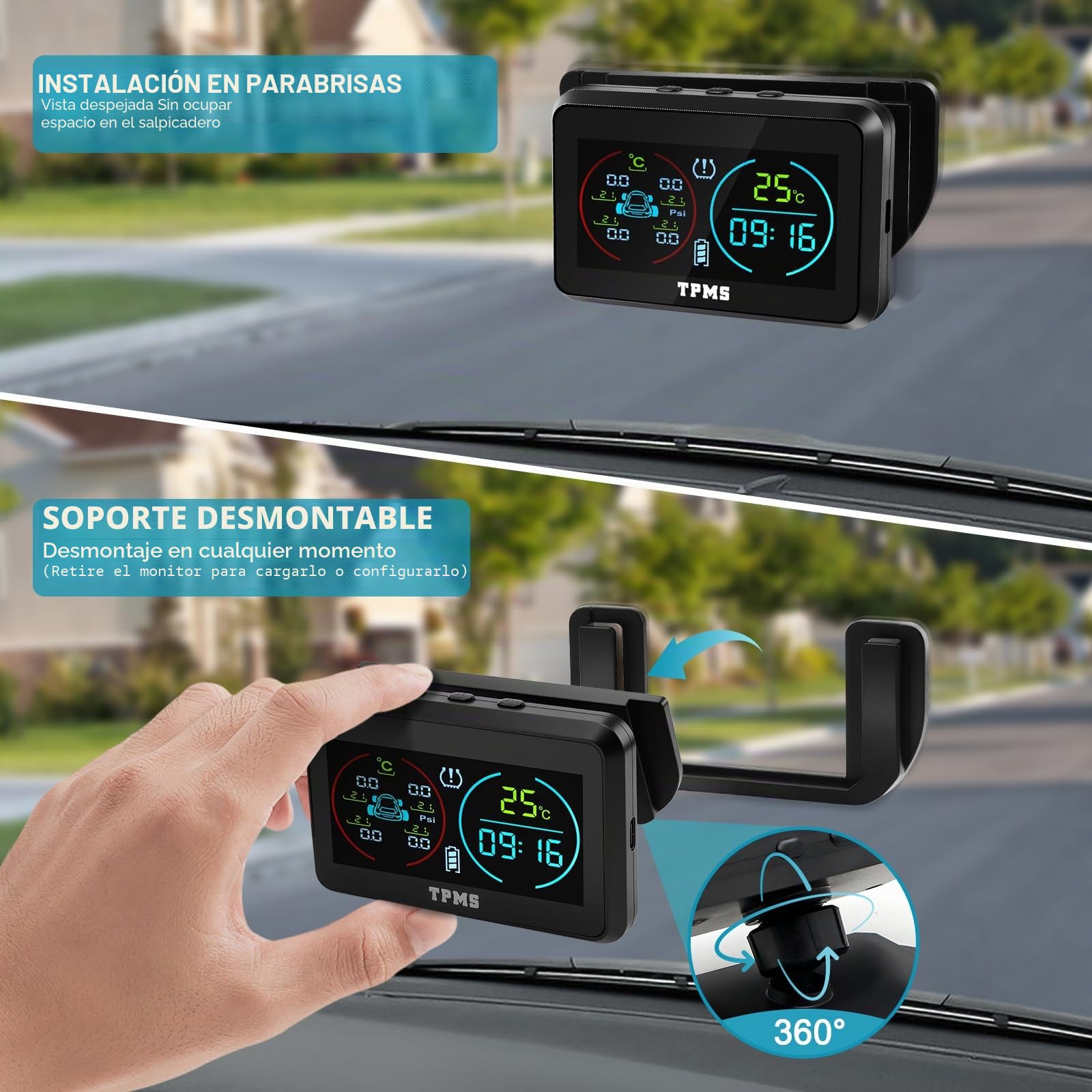 KAOLALI TPMS Sistema de monitoreo de presión de neumáticos, TPMS de visualización de Tiempo y Temperatura, Carga Solar y función de Carga USB, con 4 sensores externos de presión de neumáticos para RV