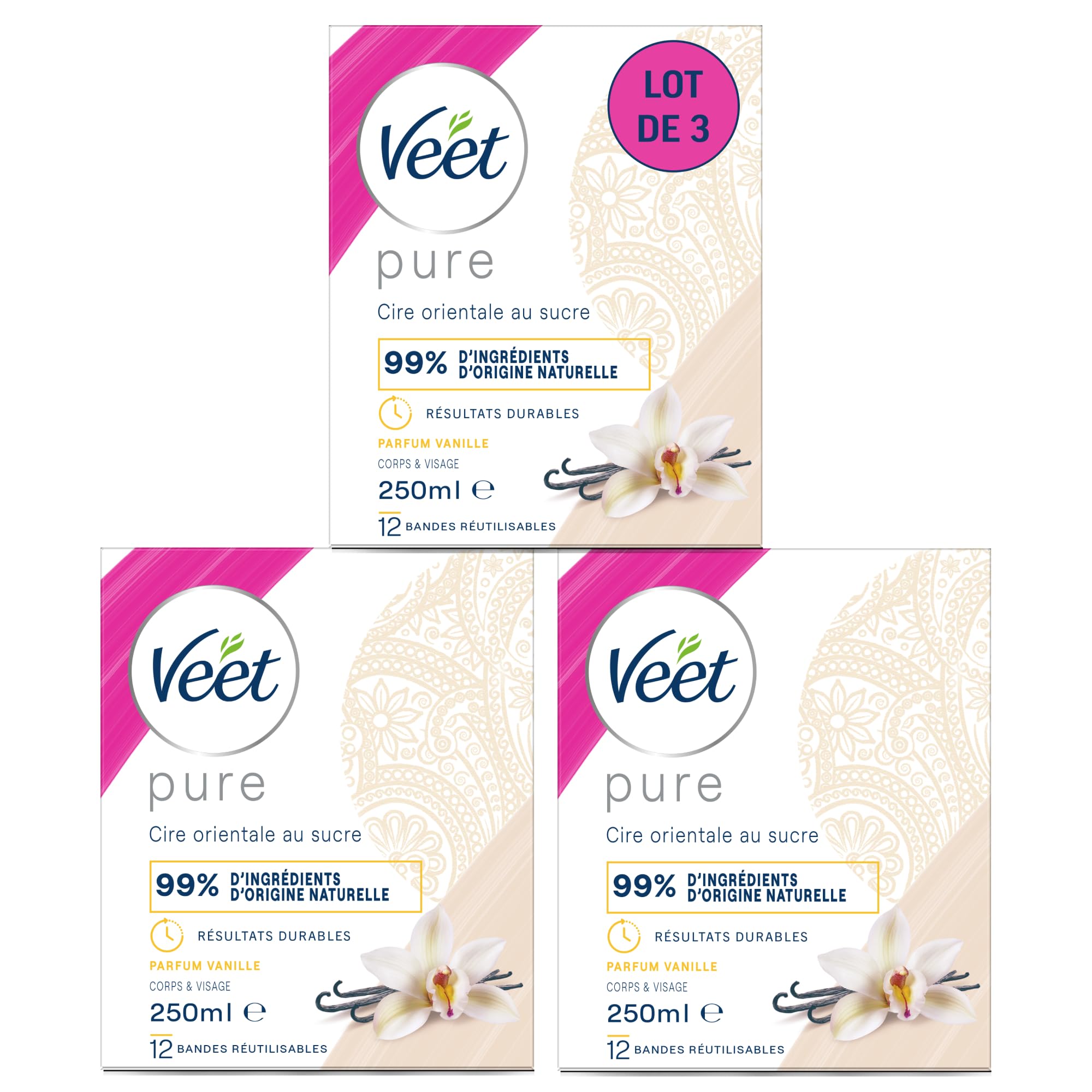 Veet PURE - Cire Chaude au Sucre et Vanille - Epilation Sans Bande - Lot de 3 x 250ml