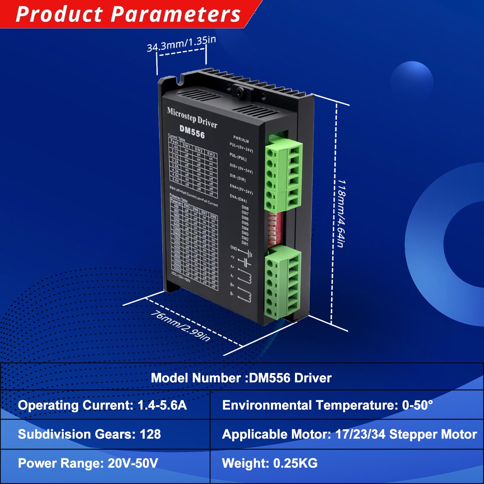 DM556 CNC Stepper Motor Driver Stepper Driver 2-Phase 1.8~5.6A 20-50V DC per Nema 17/23/42,128 Micro-Step Risoluzioni