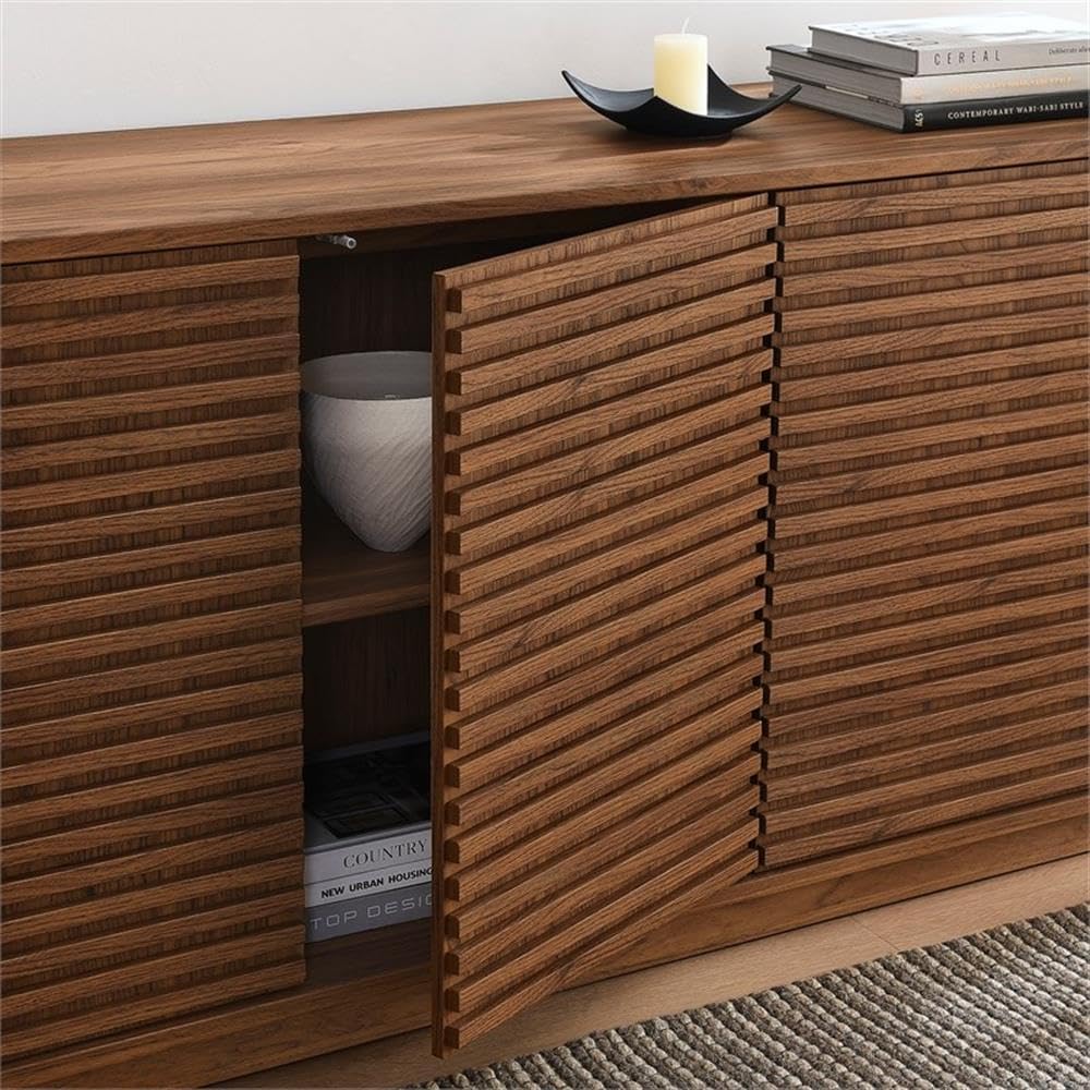 Pemberly Row Mid-Century Modern 71 in Wood Sideboard Cabinet TV Stand, Walnut Finish, 4 Fluted Push-to-Open Doors, Adjustable Interior Shelves, Soft-Close Hinges, Living Room Media Storage
