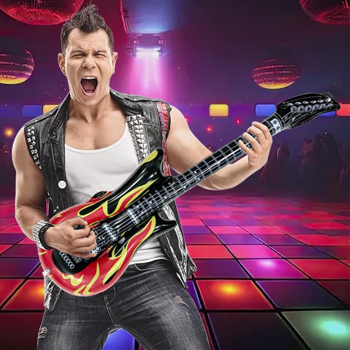 4 Pezzi Chitarre gonfiabili,2 Pezzi Microfoni gonfiabili,Chitarra Gonfiabile Rock per Bambini,Strumenti Gonfiabili 100cm,per Carnevali,Festa Compleanno Favori Decorazione (4+2PCS)