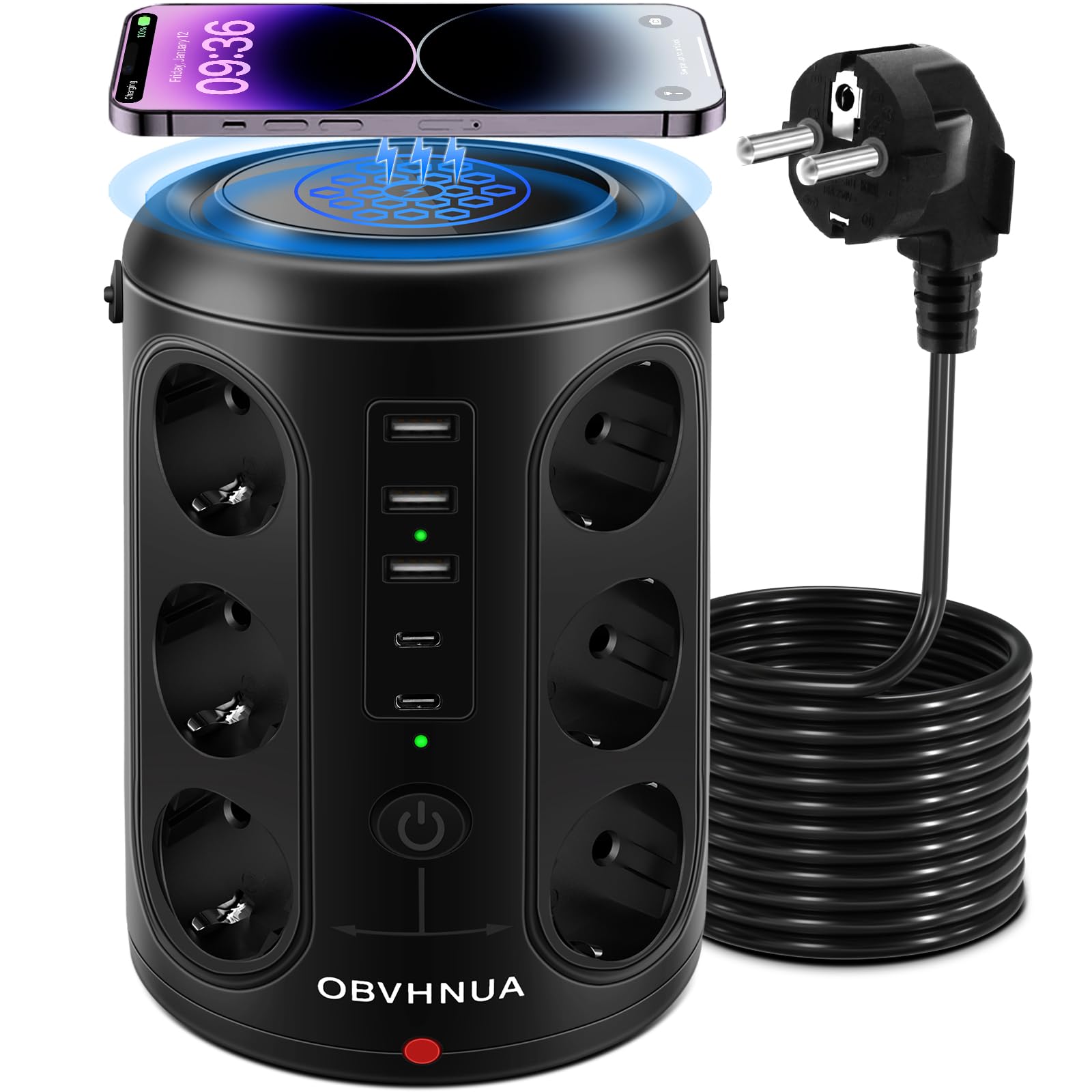 OBVHNUA Torretta Multipresa Verticale, Ciabatta Elettrica, 12 Prese CA 3 Porte di Ricarica USB-A e 2 Porta USB-C con Ricarica Wireless Ciabatta per Viaggi in Ufficio Casa, 2500W/15A