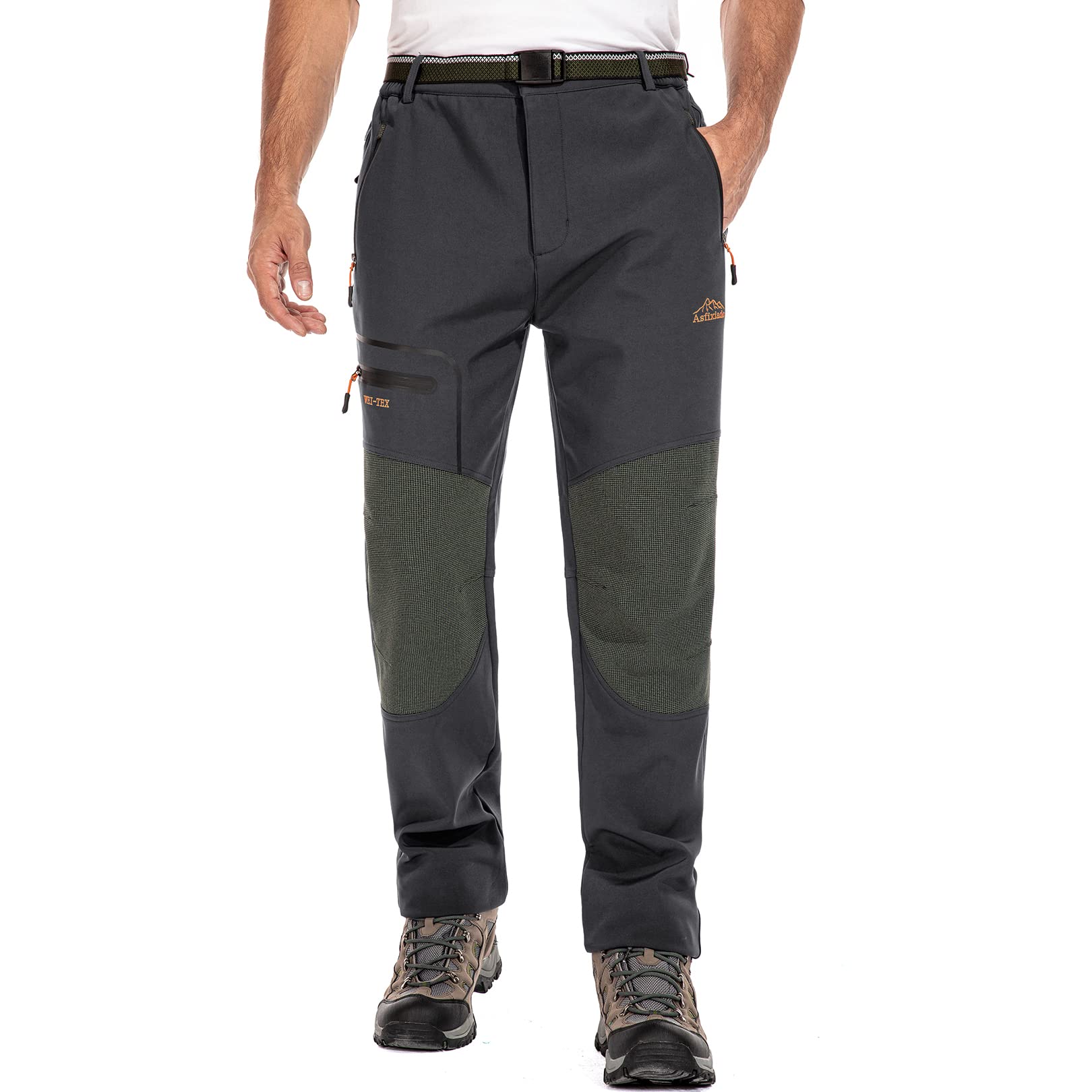 Asfixiado Men's Snow Ski Hiking Pants Fleece Lined Softshell Windproof Winter Insulated Cargo Pants with Zipper Pockets