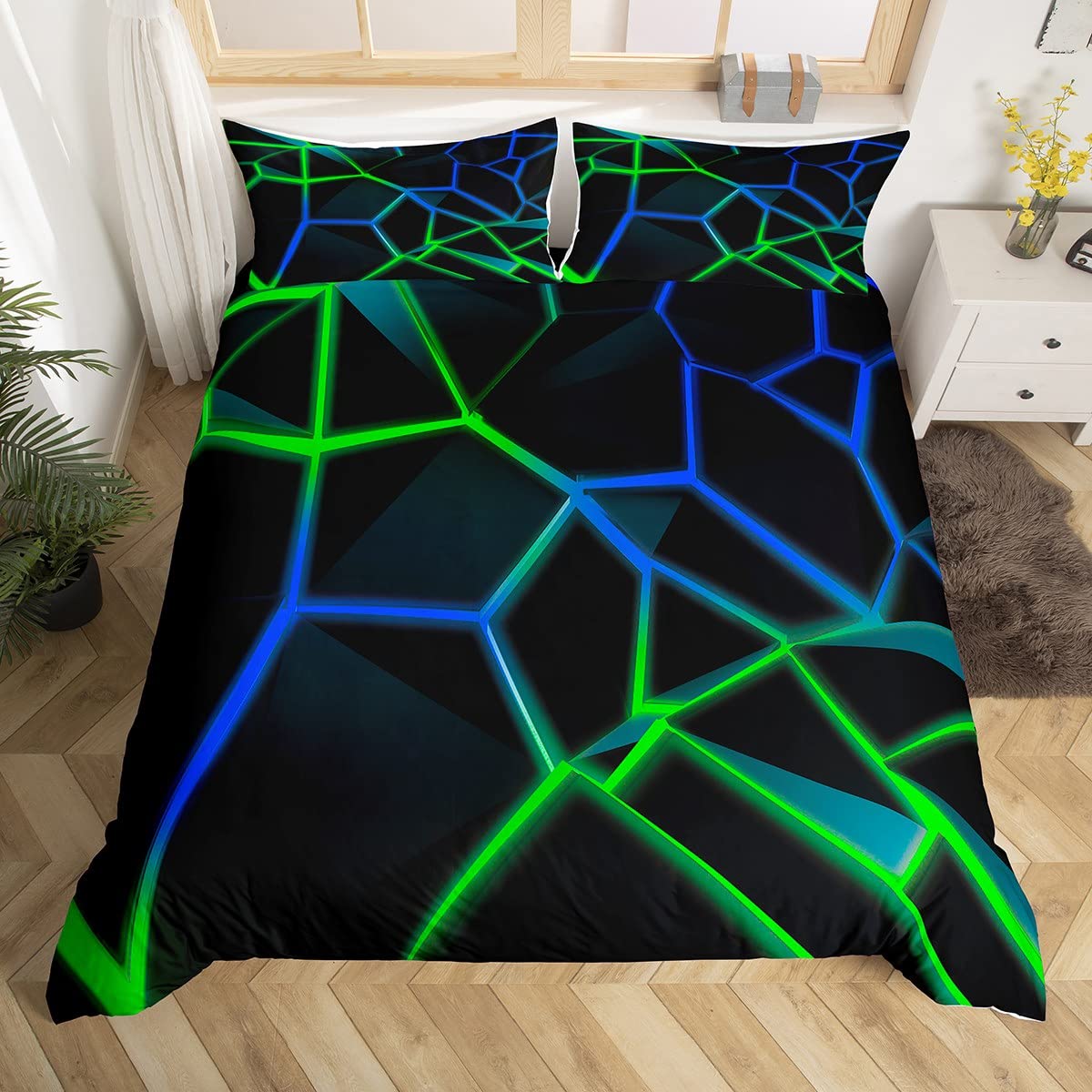 Geometric Honeycomb Bedding Set Green Blue Stereoscopic Hexagon Comforter Cover for Kids Boys Girls Beehive Hexagon Duvet Cover Geometric Bedspread Cover Room Decor Quilt Cover Single Boys