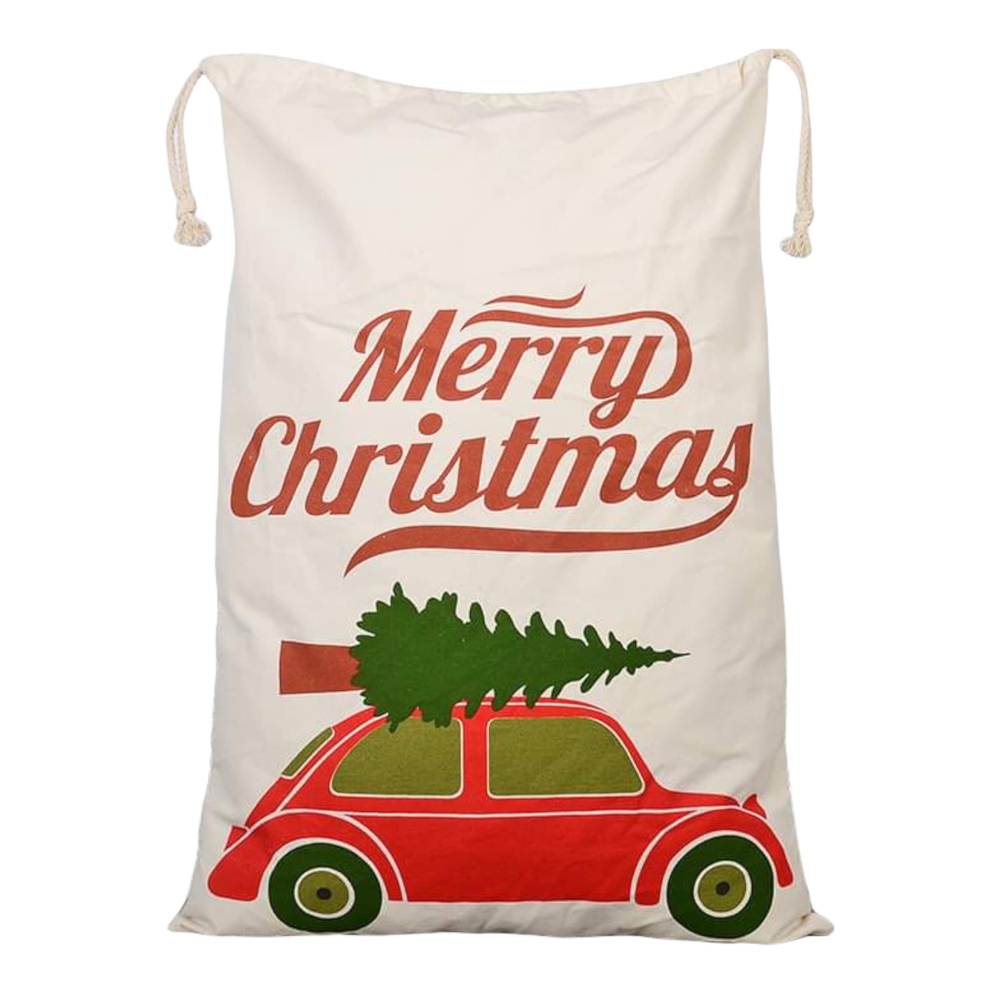 Large Christmas Bags Santa Sacks ~ Eco Friendly Reusable Cotton Designs - XL 27" x 19" Gift Bag Sack Storage Size - Drawstring Closure Choose Your Design by Jolly Jon ® (Red Car with Tree)