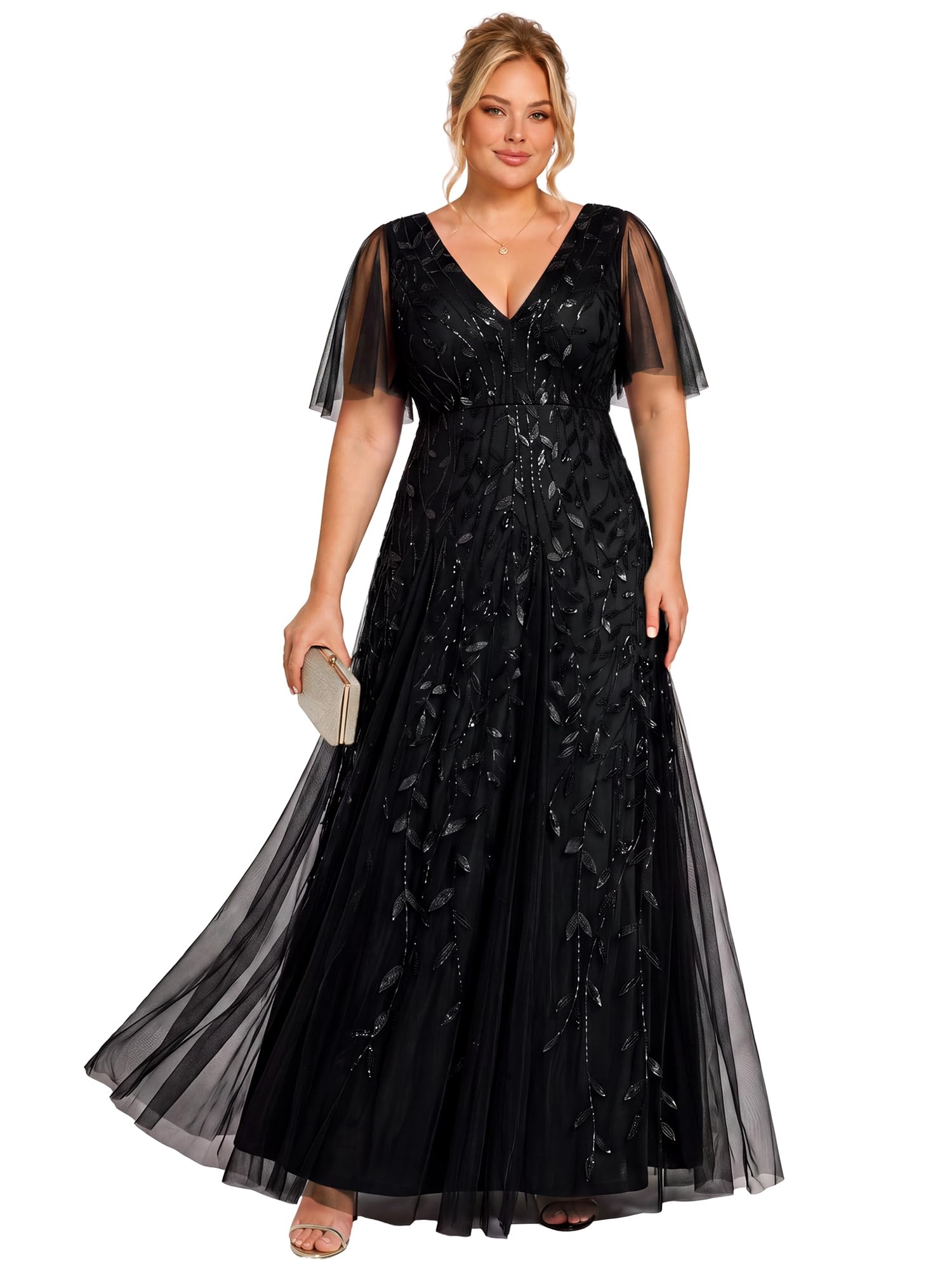 Ever-Pretty Abito da sera formale da donna con scollo a V e paillettes ricamate a una linea di lunghezza al pavimento con maniche