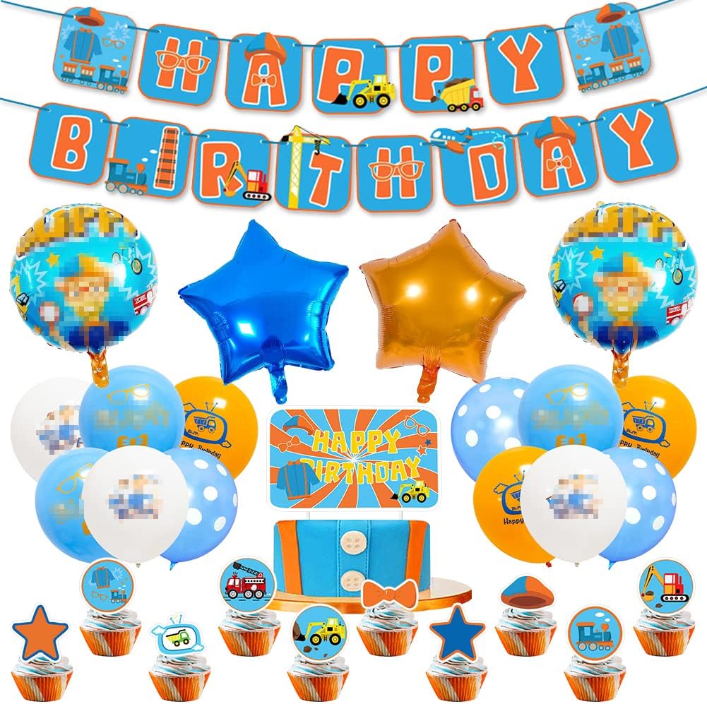 Ksopsdey Decoración Globos Cumpleaños Blippi Tema del Profesor Inglés Decoración Cumpleaños Banner, Látex Globo Suministros para Fiestas Decoración Regalos para Niños Fiesta Cumpleaños - B