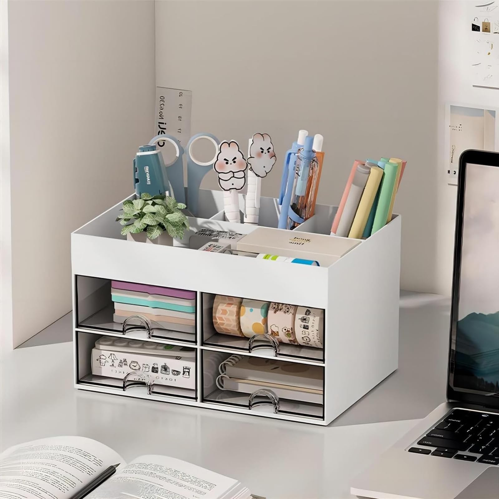 Scatola portaoggetti da scrivania, organizer da scrivania con 4 cassetti, portapenne multifunzionale for scrivania, organizer for forniture for ufficio (bianco)