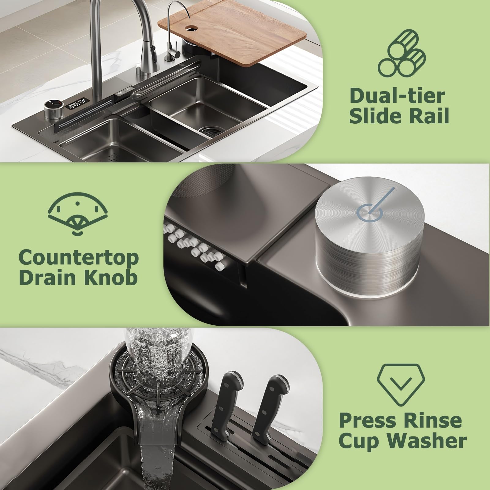 Stainless Steel Waterfall Kitchen Sink Set, Single Bowl Workstation With Digital Display Pull-Out Faucet, Cup Washer, 13-Piece Accessory Kit, Kitchen Sink With Water-saving Features(Black-Grey,75x46cm