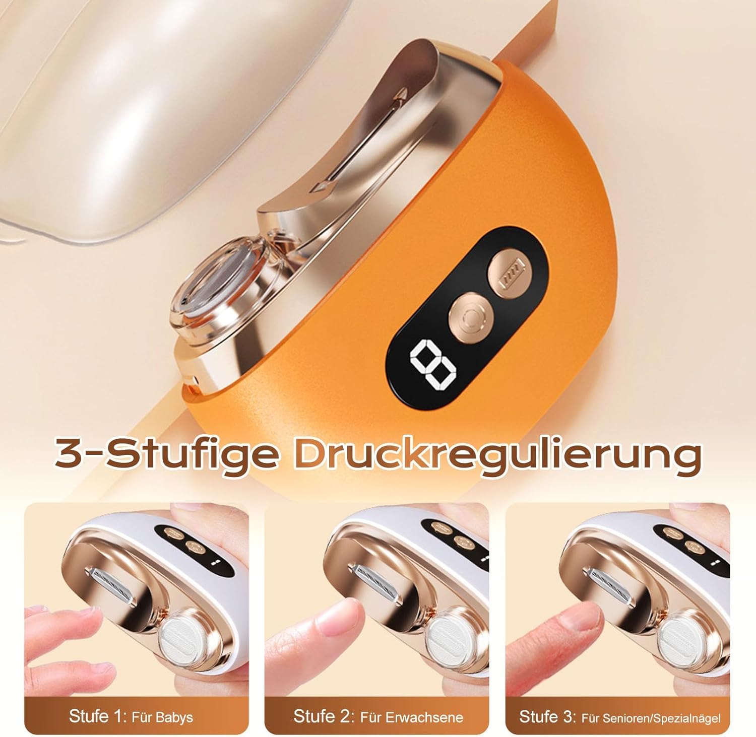 Electric Smart Nail Clippers for Adults Seniors, 2026 New 3 Speeds Strong New Electric Nail Clipper with LED Light, Automatic Electric Toenail Clippers Nail Kit for Seniors Adults (Orange)