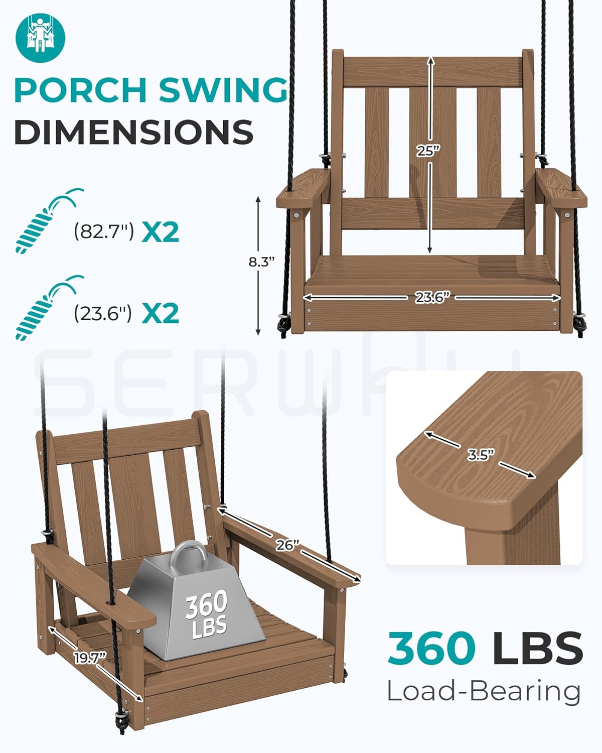 SERWALL HDPE Single Porch Swing, Heavy Duty Single Person Swing Chair with 2 Polypropylene Hanging Ropes, Adirondack Hanging Chair for Outdoor Front Porch Patio Garden Yard, Brown