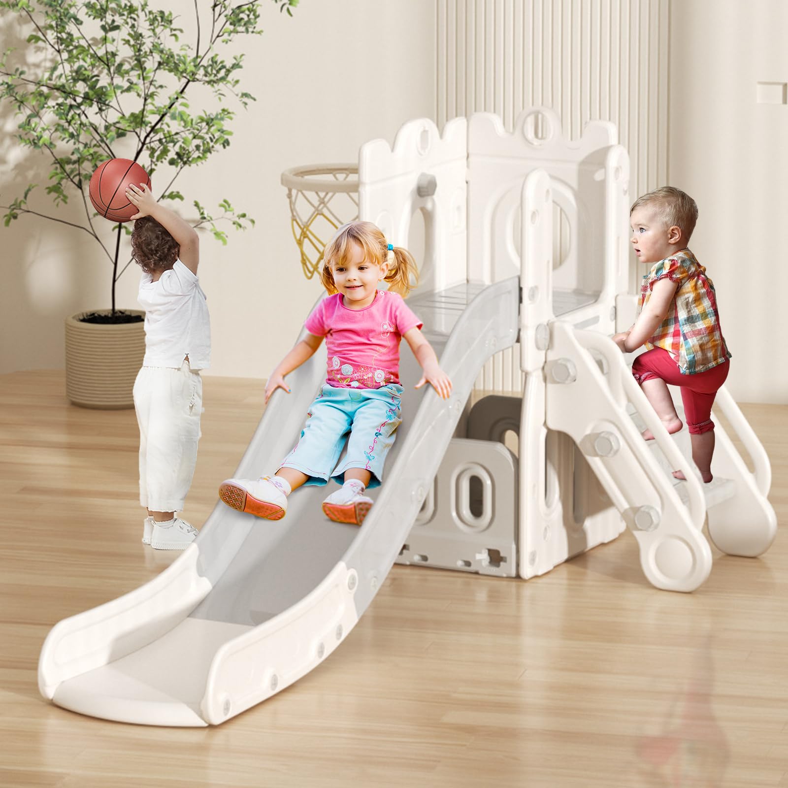 Toddler Slide with Basketball Hoop Plastic Folding Kids Slide Enclosed Steps Big Waiting Area Easy Assemble Indoor Slide Toy for Children Age 1-8 Castle Grey White