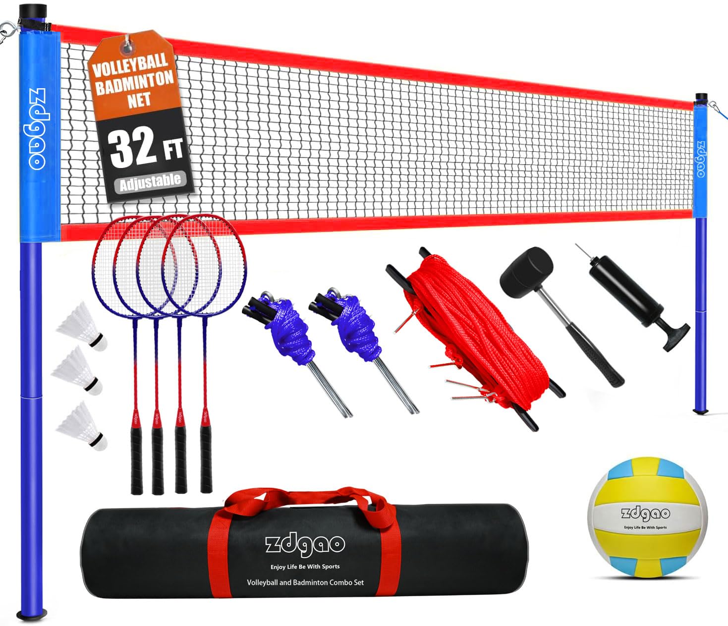 Badminton & Volleyball Combo Set- 32FT Adjustable Professional Volleyball Net for Lawn, Backyard, Easy Set up Volley ball Set with Volley ball,