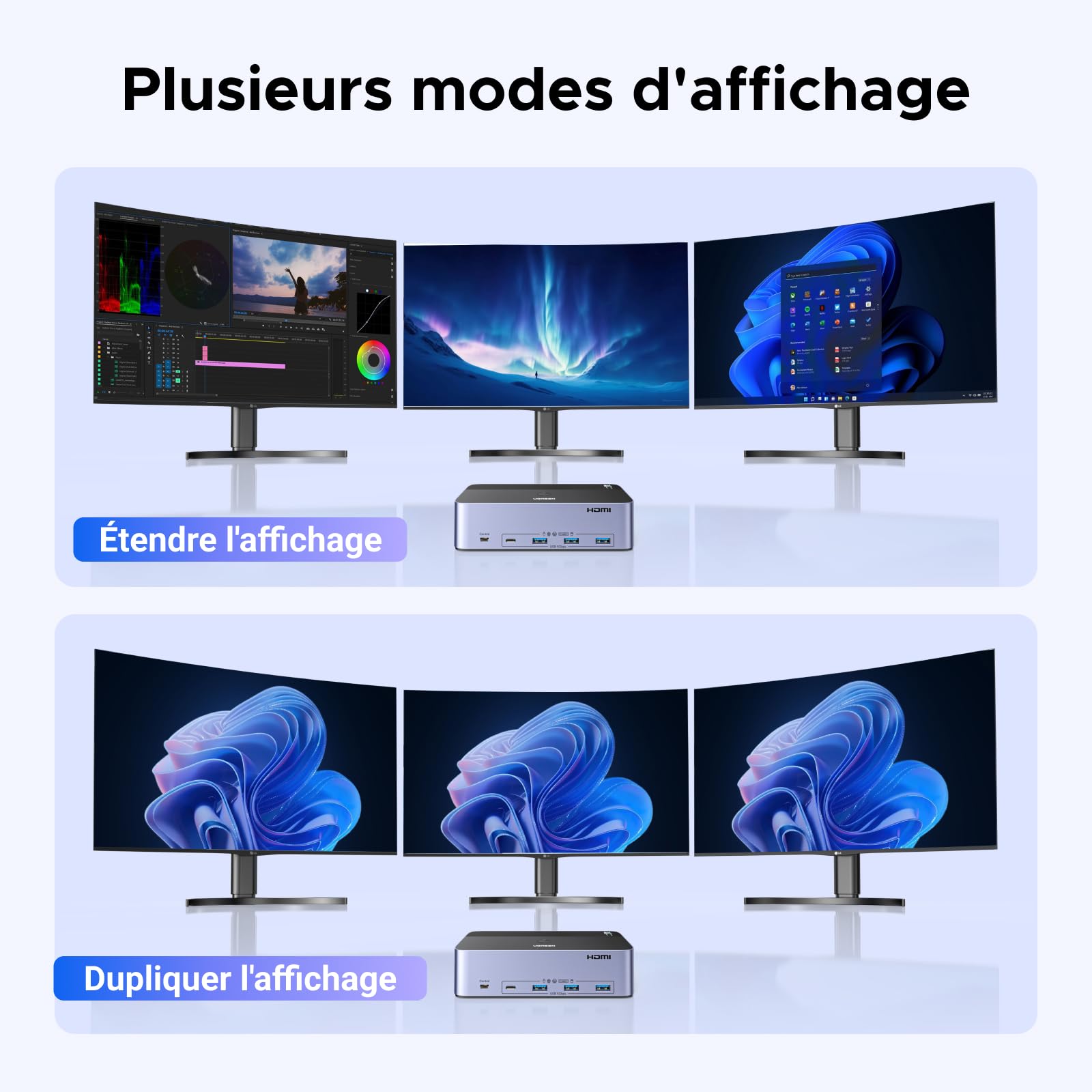 UGREEN Switch KVM HDMI+DP 2 Entrées 3 Sorties 8K 60Hz pour 2 Affichage | Commutateur KVM USB 3A +1C 3.0 5Gbps pour Clavier Souris Disque Dur Contrôleur de Bureau Câbles HDMI+DP+USB Inclus