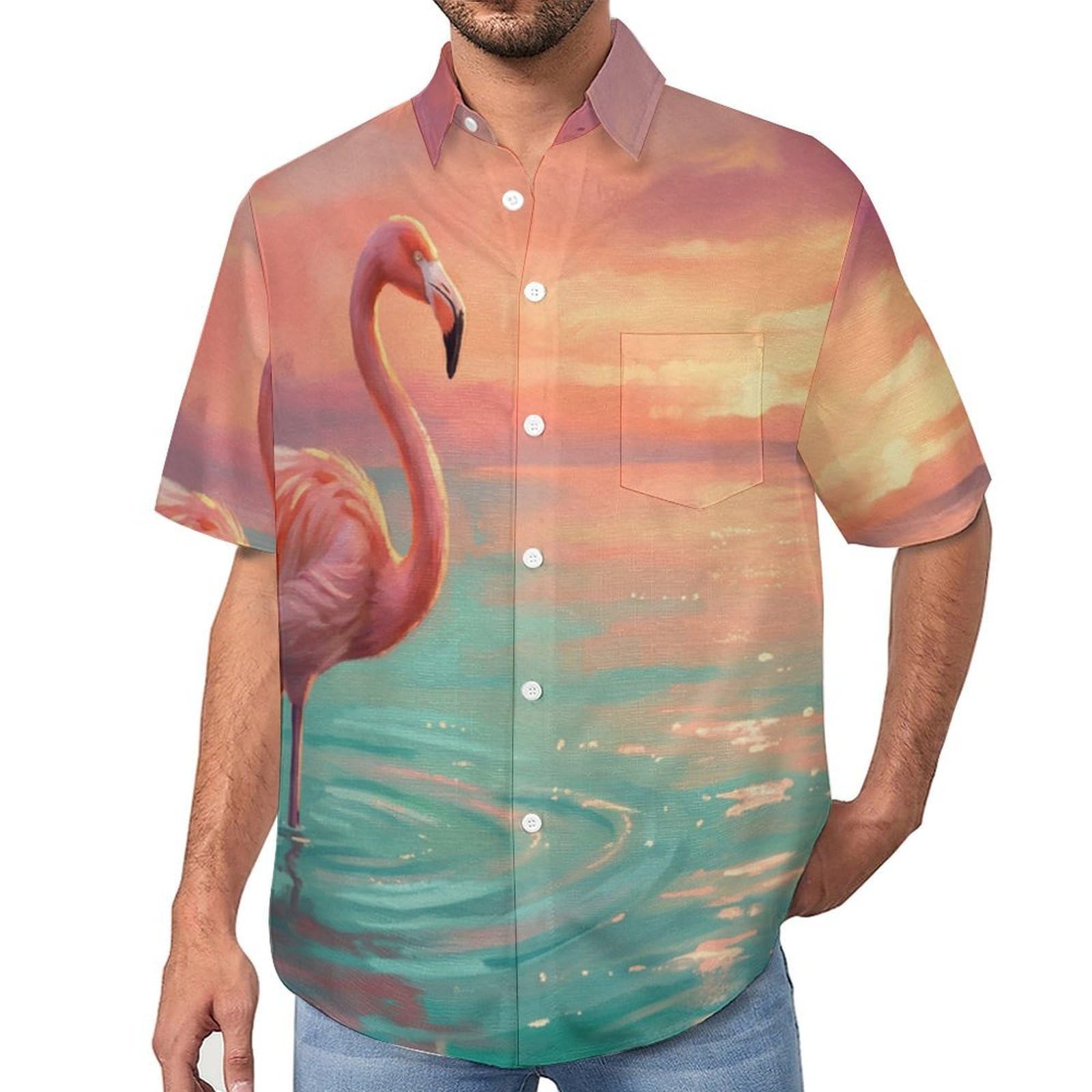Camicie a Maniche Corte da Uomo - Camicie da Spiaggia con Stampa Fenicotteri Marini al Tramonto Retro, Funky Estiva Cool Camicia Hawaiana Monopetto Camicia S-5XL