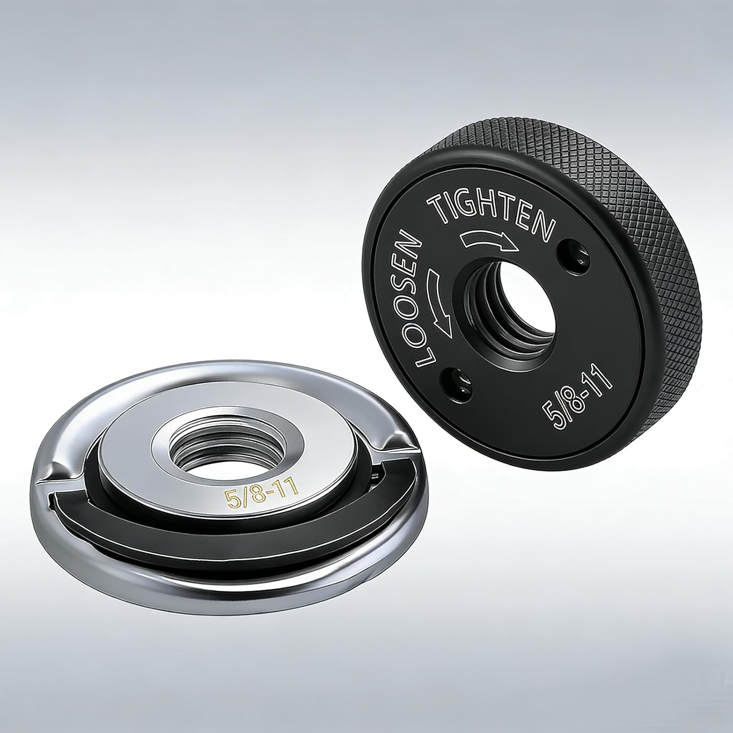 5/8"-11 Angle Grinder Flange Nuts 2-Pack, Tool-Free Quick Change Lock Nut Set – Silver D-Ring & Black Knurled Nut for 4-1/2" 5" 7" 9" Grinders, No Wrench Needed, Secure Flush Cuts