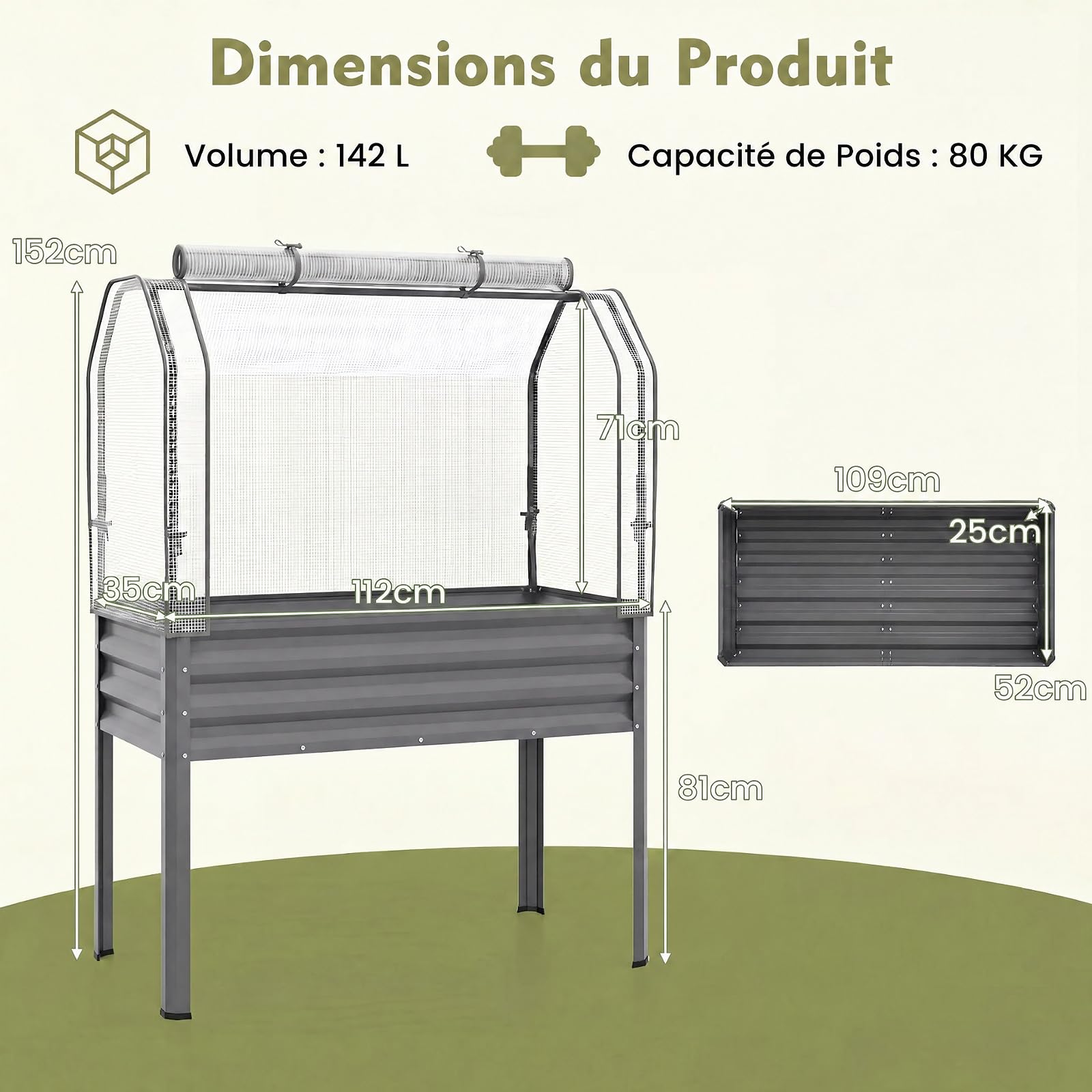 GOPLUS Jardiniere sur Pieds 3 en 1 avec Mini Serre, Carré Potager en Métal Galvanisé avec Porte Zippée Enroulable pour Jardin Balcon Patio, Bac de Culture 142L pour Légumes Herbes Fleurs (Gris)