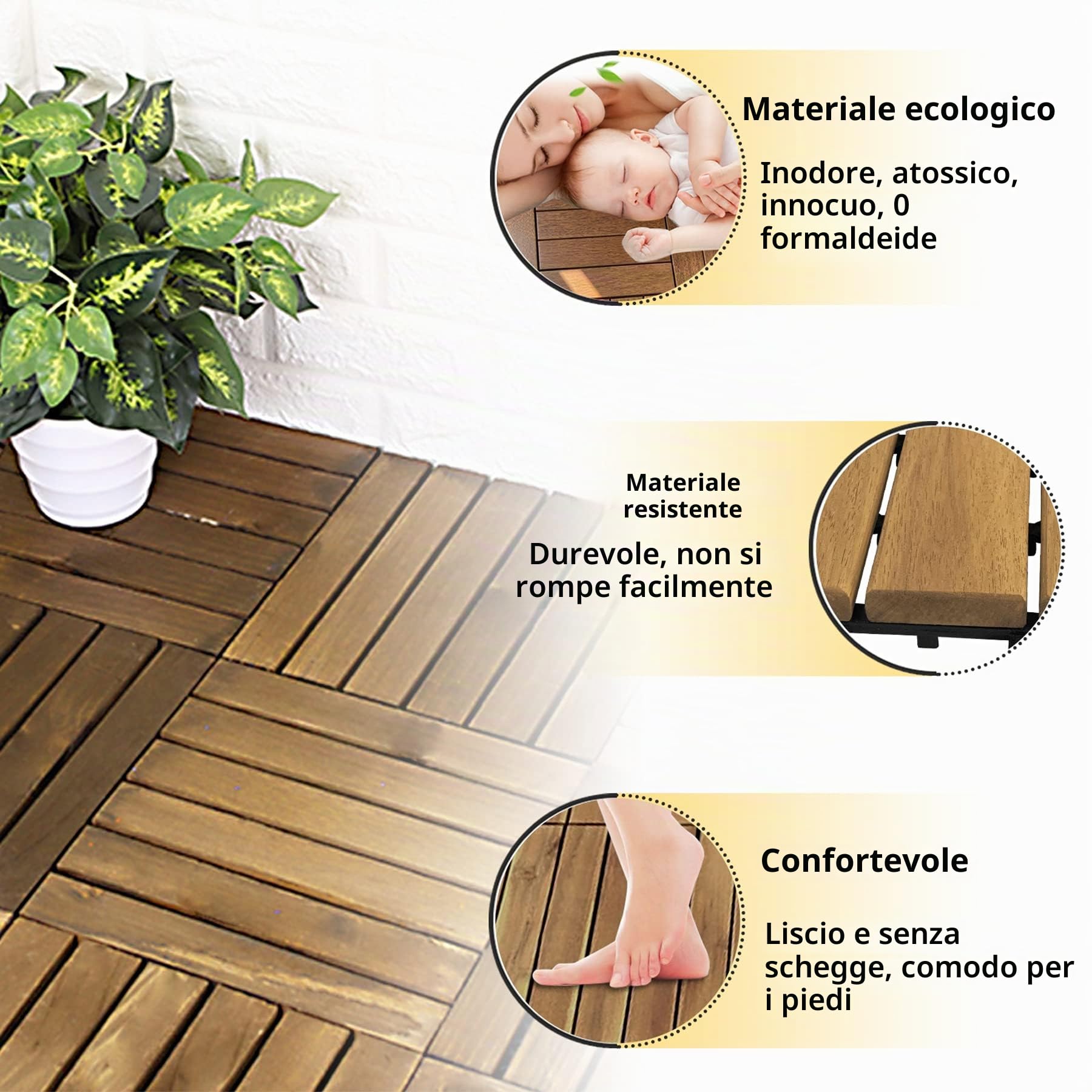 Froadp Piastrelle in legno di acacia, 1 m², 30 x 30 cm, con sistema a click, per terrazze, balconi, terrazze, giardini e balconi, resistenti alle intemperie, 11 pezzi, tipo A