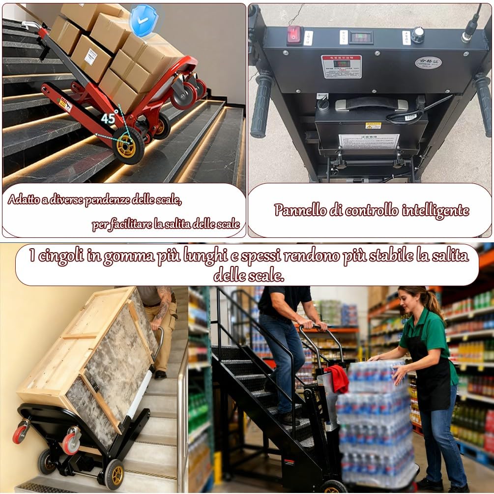 Carrello Montascale Elettrico per Trasporto Pesante 1500W Motore 1100lbs/500kg capacità Carrello Saliscale Elettrico 48V42AH 6-8H Autonomia per Déménagement Magazzino