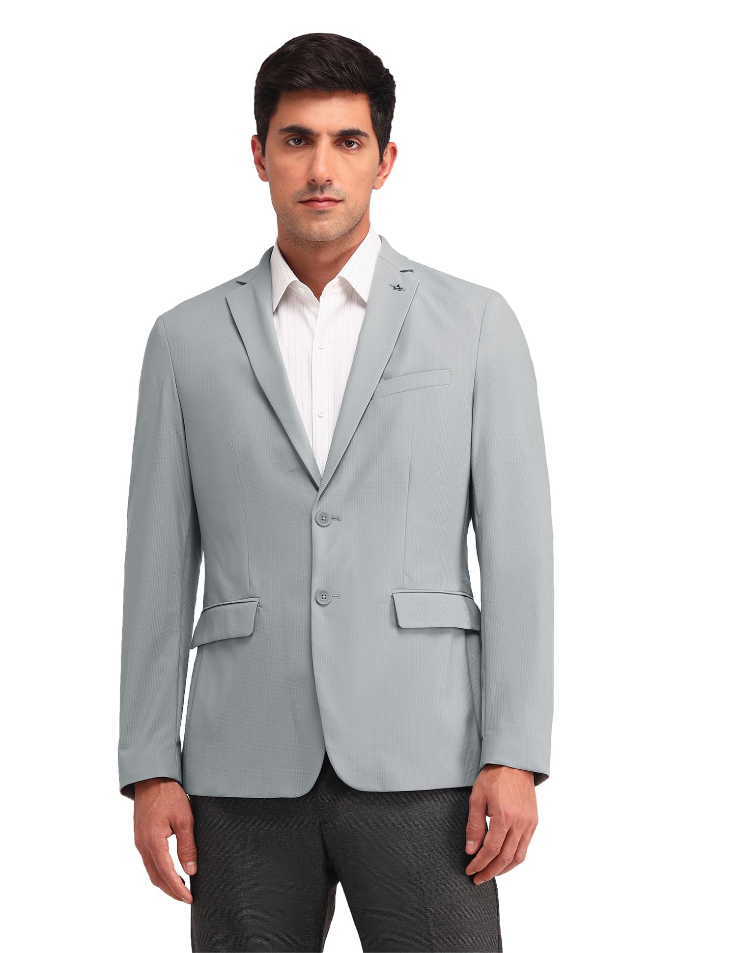 arrow Men's Grey Textured Notch Collar Long Sleeve Formal Nylon Slim Fit Blazer-picture-14