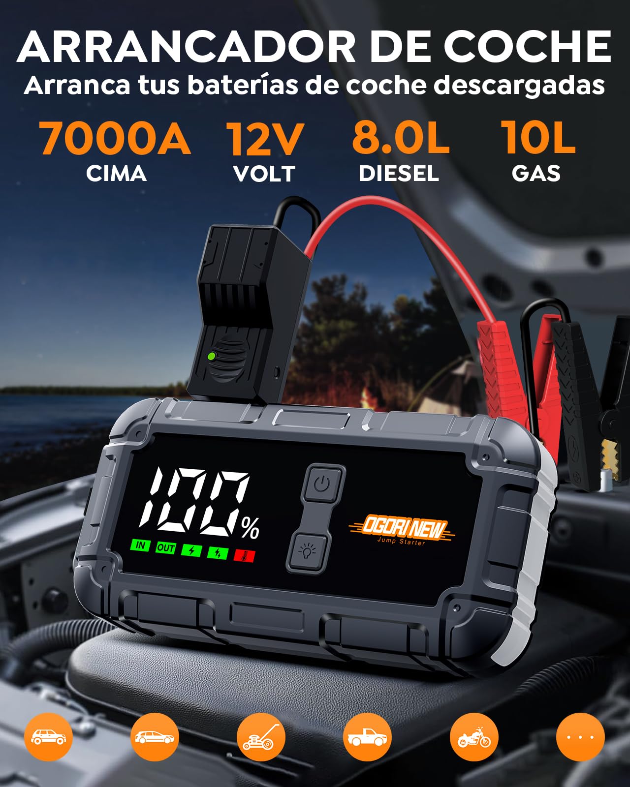 Arrancador de Coche, 7000A Arrancador de Baterias de Coche,12V Arrancador de Coches Portatil para 10L Gas o 8L Diesel,Jump Starter con Pantalla LCD y Linterna LED de 3 Modos