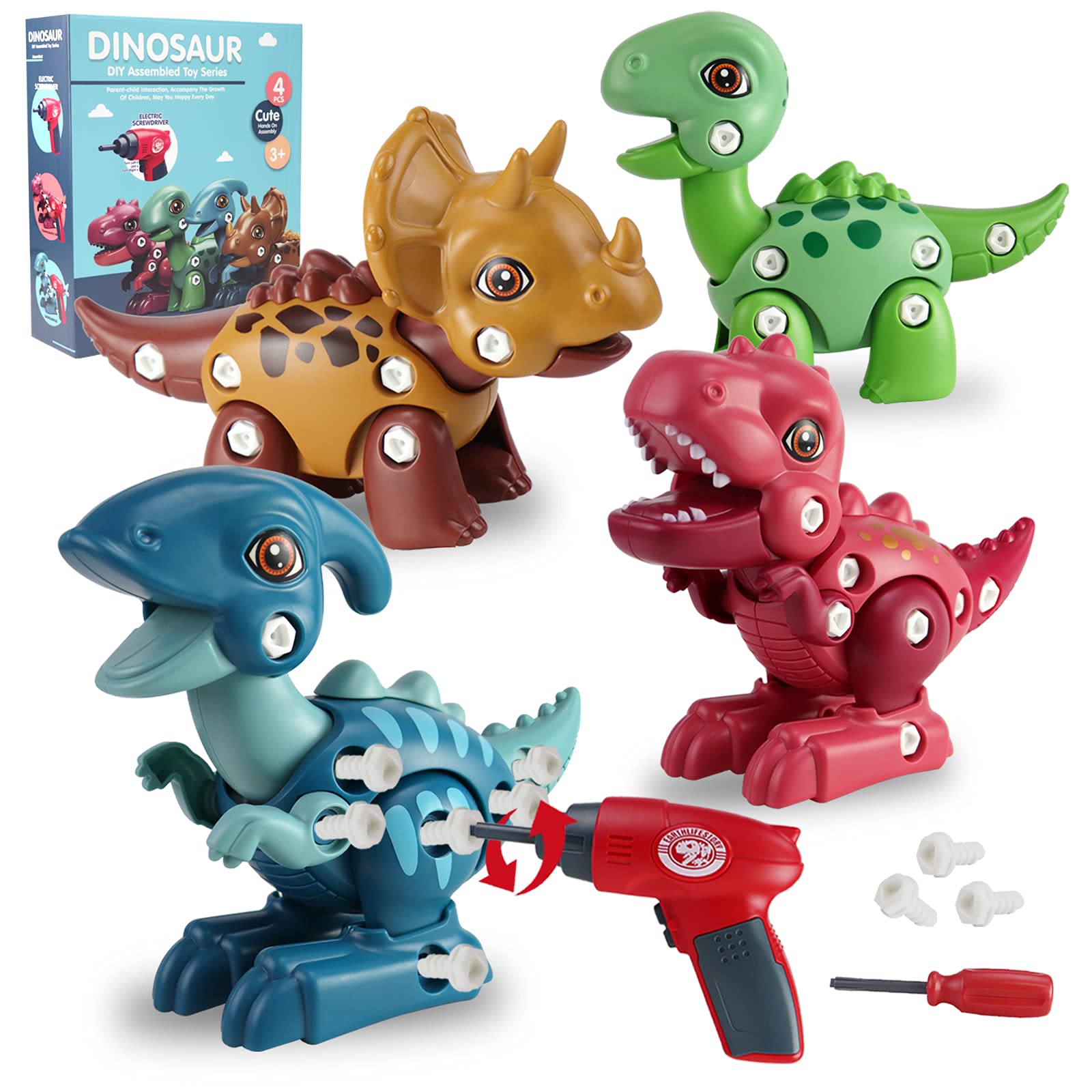 Gooswexmzl Take Apart Dinosaur Toy for Kids, Electric Drill Dinosaur Toys-4 PCS STEM Building Learning Dinosaur Toy Set-Take Apart Toy for 4 5 6 7 8 Year Old Boys and Girls Gifts