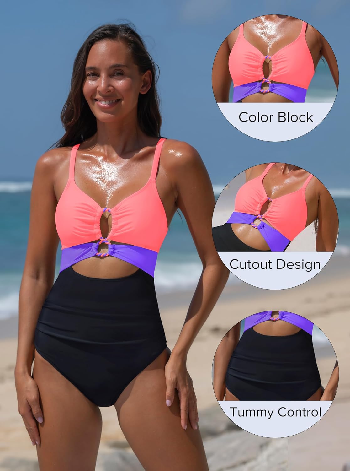 popvil One Piece Swimsuit for Women 2025 Sexy Neon Swim Suits Cut Out Tummy Control Bathing Suit Braid Color Block Swimwear - Image 8