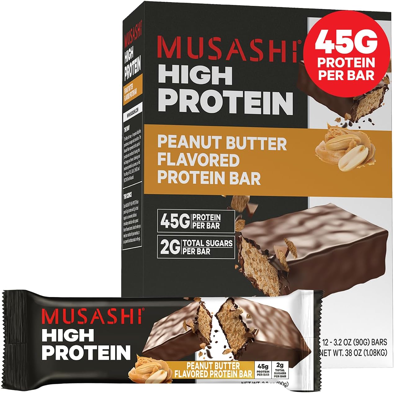 MUSASHI High Protein Bar, 45g Protein, 2g Total Sugars, Peanut Butter & Milk Chocolate Coated, Post Workout and Protein Snack On The Go, 12 Pack of 3.2oz (90g) Bars
