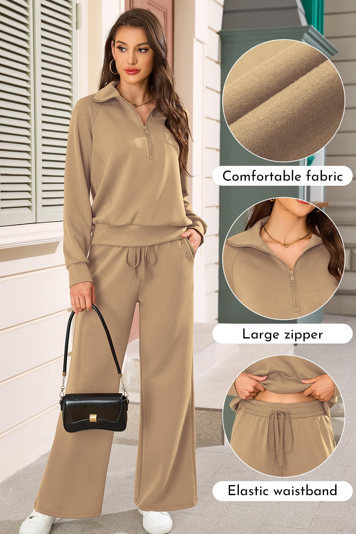 SHEKINI Dres treningowy, damski dres do joggingu, z długim rękawem, zestaw wypoczynkowy, strój sportowy 1/2, zamek błyskawiczny, bluza rekreacyjna, spodnie do biegania z szerokimi nogawkami