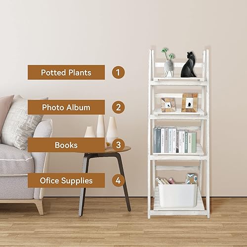 Miniatura 6 de ECOMEX Estante de escalera de 4 niveles, estante de escalera de madera, estantería de 4 niveles, estante de almacenamiento plegable rústico para el