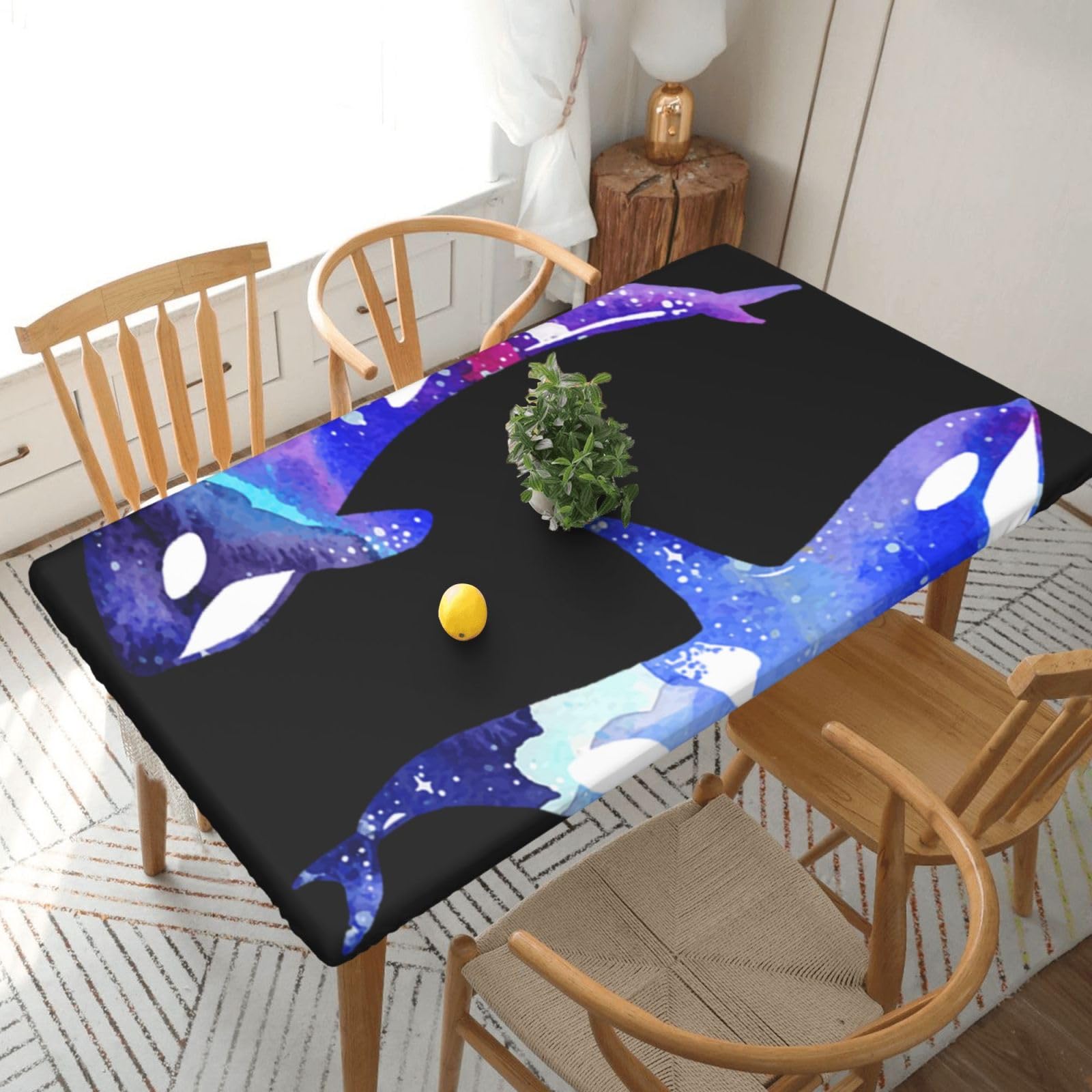 DCEHGEW Elastic Fitted Rectangle Tablecloth for 5ft Tables, Orca Killer Whale Printed Oilproof & Washable Fabric Picnic Table Cloth Table Covers