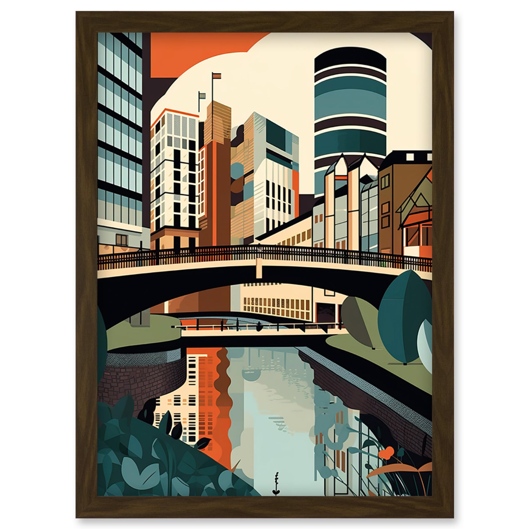 Artery8 Birmingham City Centre Canal Geometric Cityscape Artwork Framed Wall Art Print A4