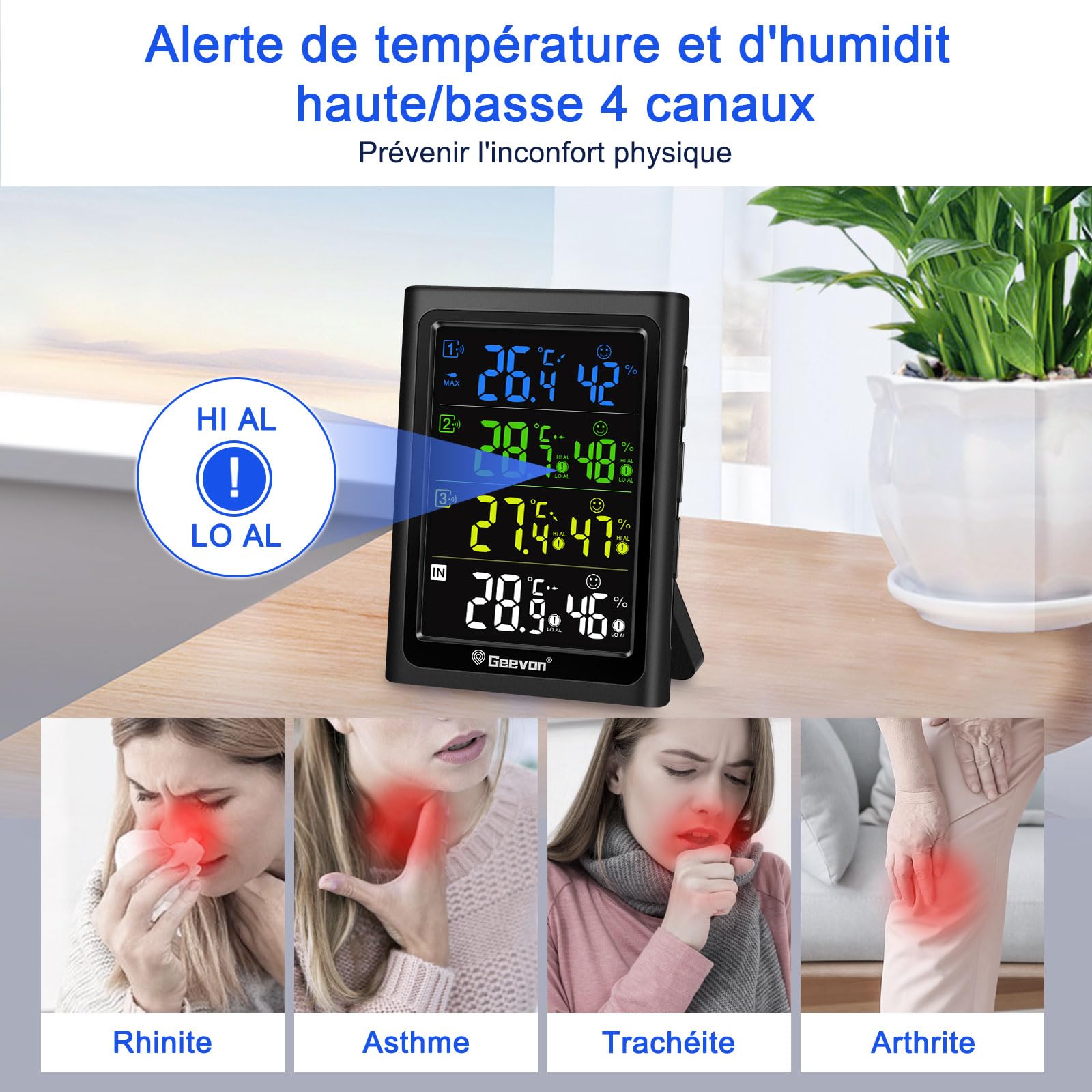 Geevon Thermomètre intérieur extérieur sans fil avec 3 capteurs à distance, hygromètre électronique, jauge de température avec portée de 60m Conditions sans obstruction