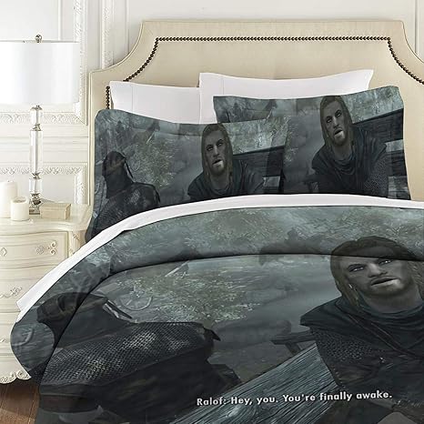 Amazon Com Skyrim Pillow Hey You You Re Finally Awake Bedspread Coverlet Bedding Duvet Cover Set 3 Piece Polyester Blend Comforter Cover And Pillowcases 86 X70 Quilt Set Bedding Beddingi œpillowcase x30in Home Kitchen