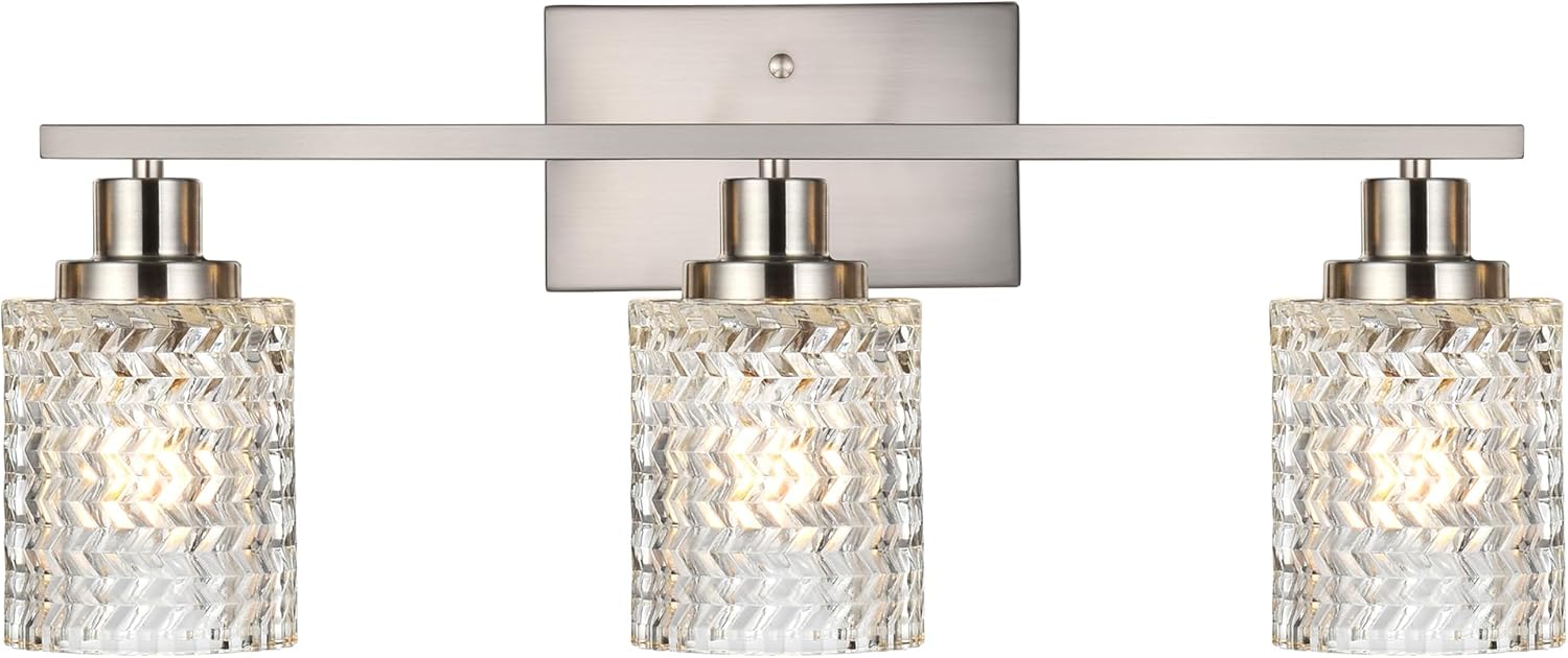 MELUCEE 3 Lights Bathroom Light Fixtures Brushed Nickel Modern Vanity Lights Indoor Wall Mounted Light with Hammered Glass Shade Suitable for Bathroom Living Room Hallway