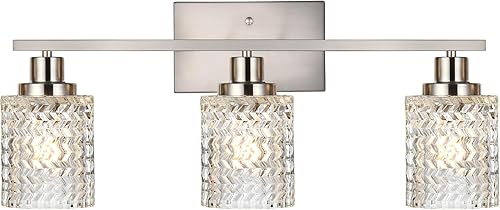 MELUCEE 3 luces de baño de níquel cepillado, modernas luces de tocador de pared para interiores con pantalla de vidrio martillado, adecuadas para